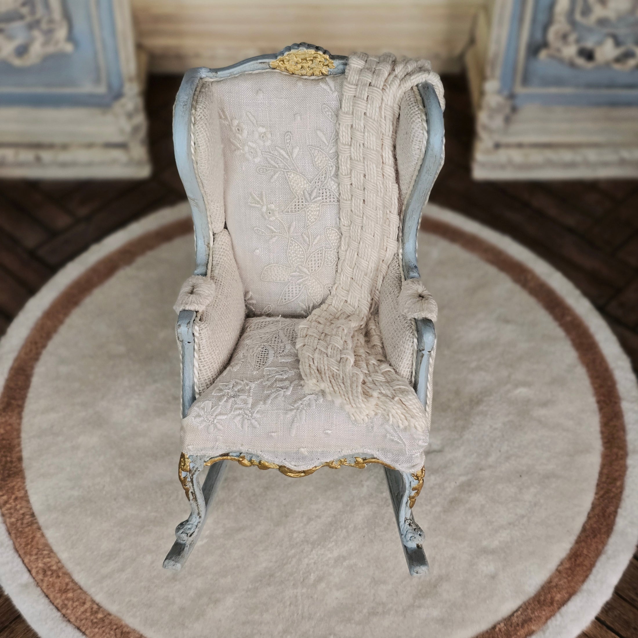 June Clinkscales Miniature Rococo Nursery Rocking Chair Gilt Blue