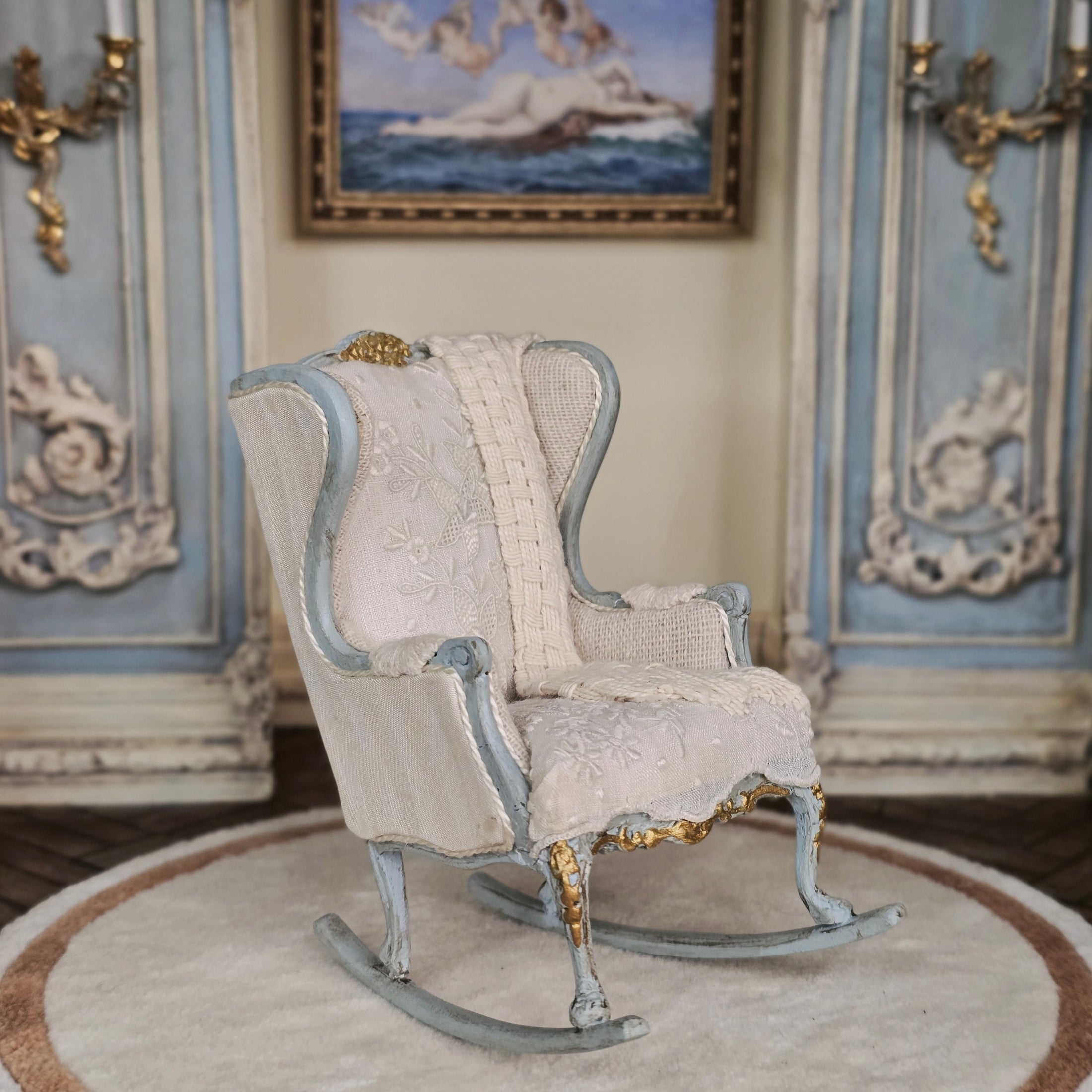 June Clinkscales Miniature Rococo Nursery Rocking Chair Gilt Blue