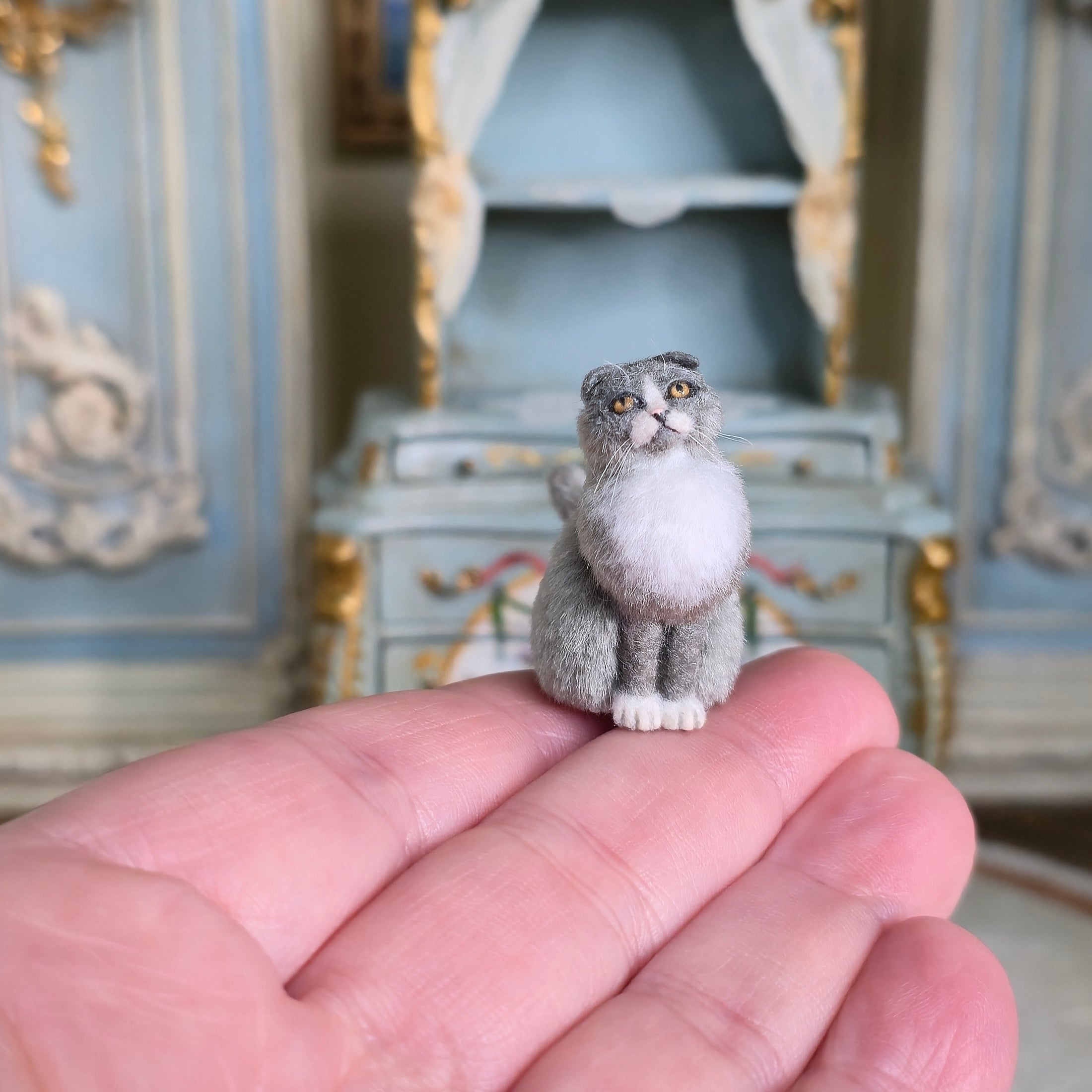 OOAK Miniature Scottish Fold Cat Figure with Original Box