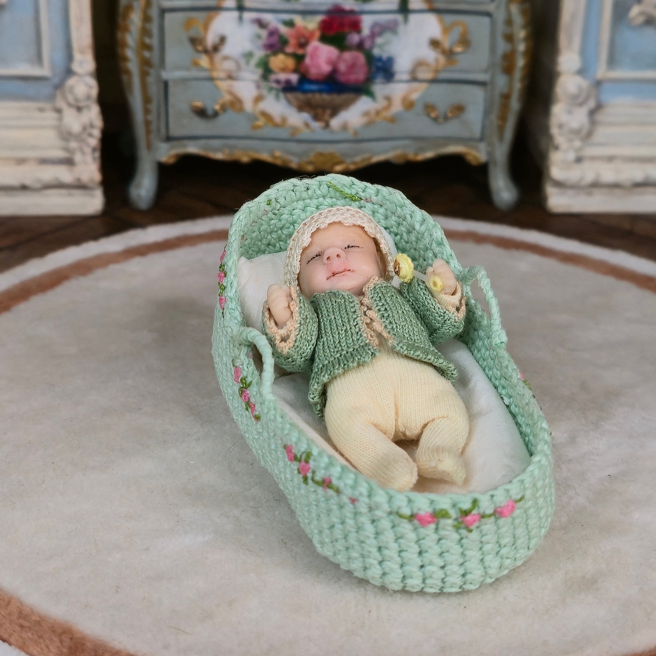 Rare Catherine Muniere Miniature Baby Doll with Moses Basket