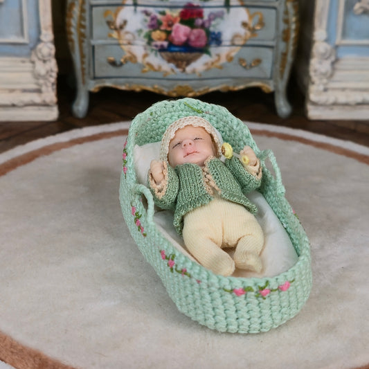 Rare Catherine Muniere Miniature Baby Doll with Moses Basket