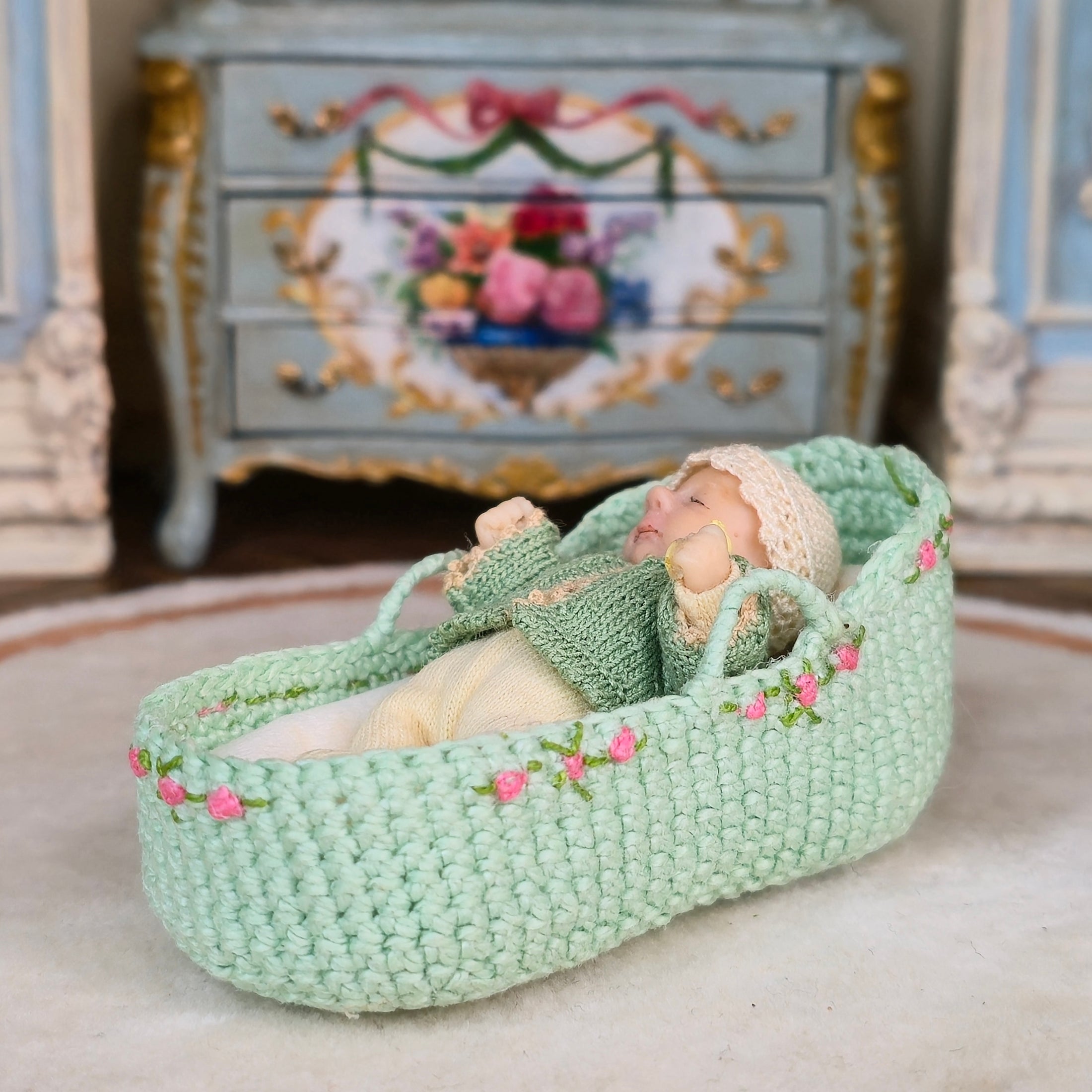 Rare Catherine Muniere Miniature Baby Doll with Moses Basket