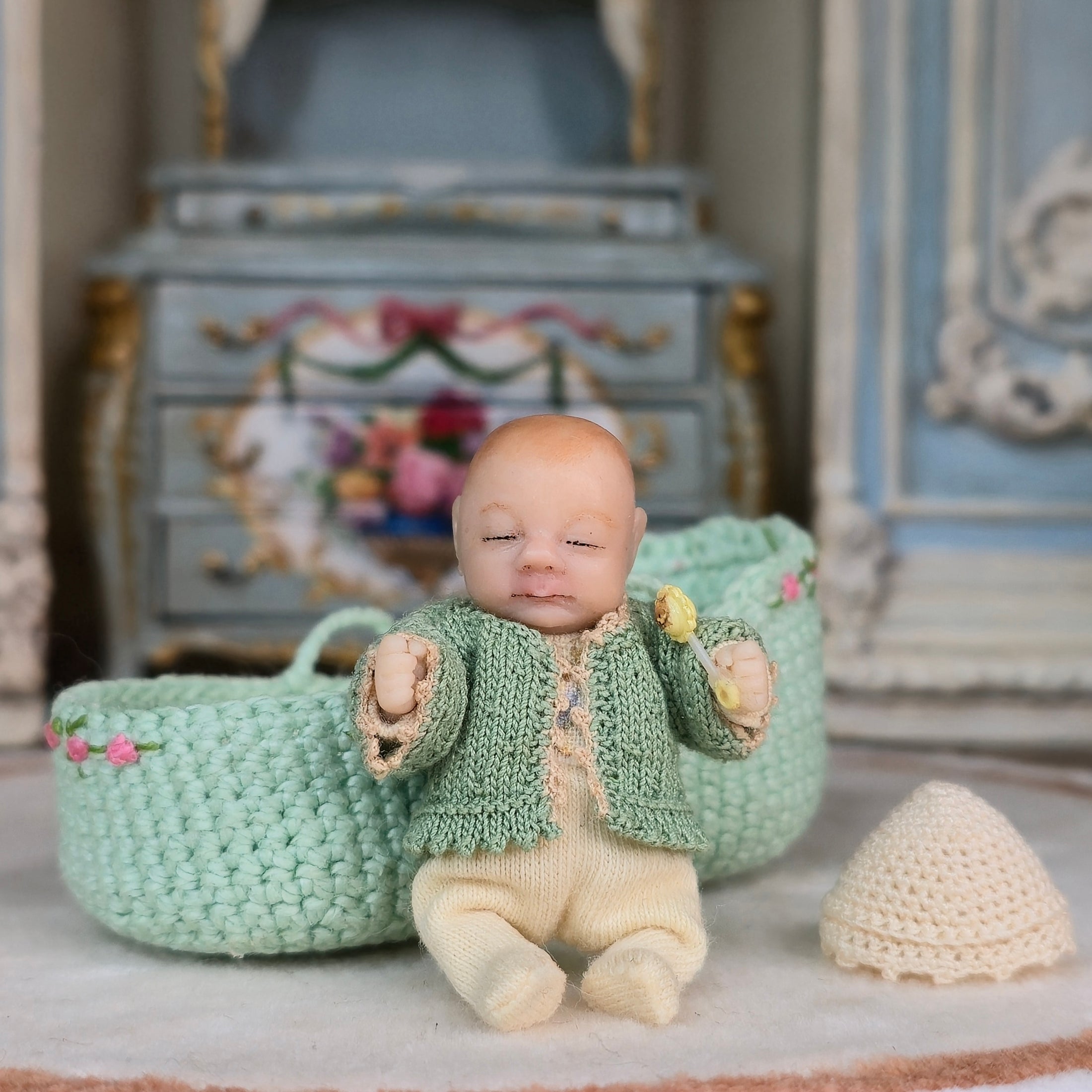 Rare Catherine Muniere Miniature Baby Doll with Moses Basket