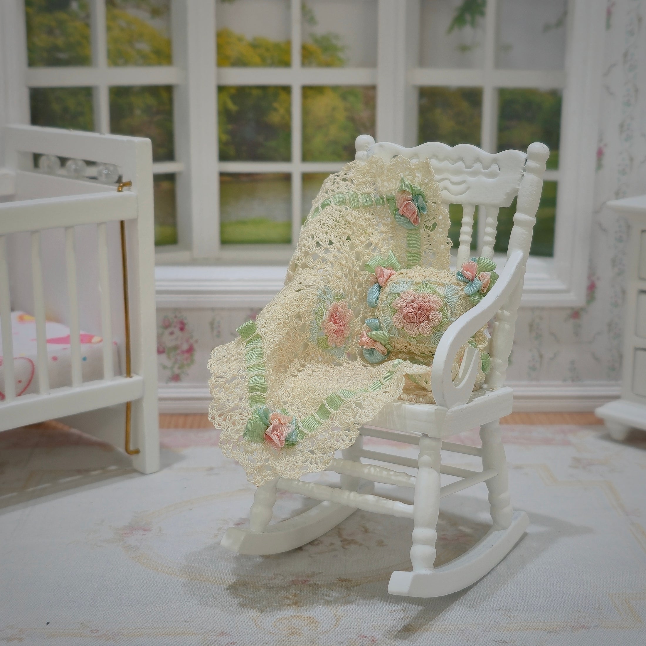 Miniature Crochet Baby Blanket & Pillow with Silk Ribbon Work