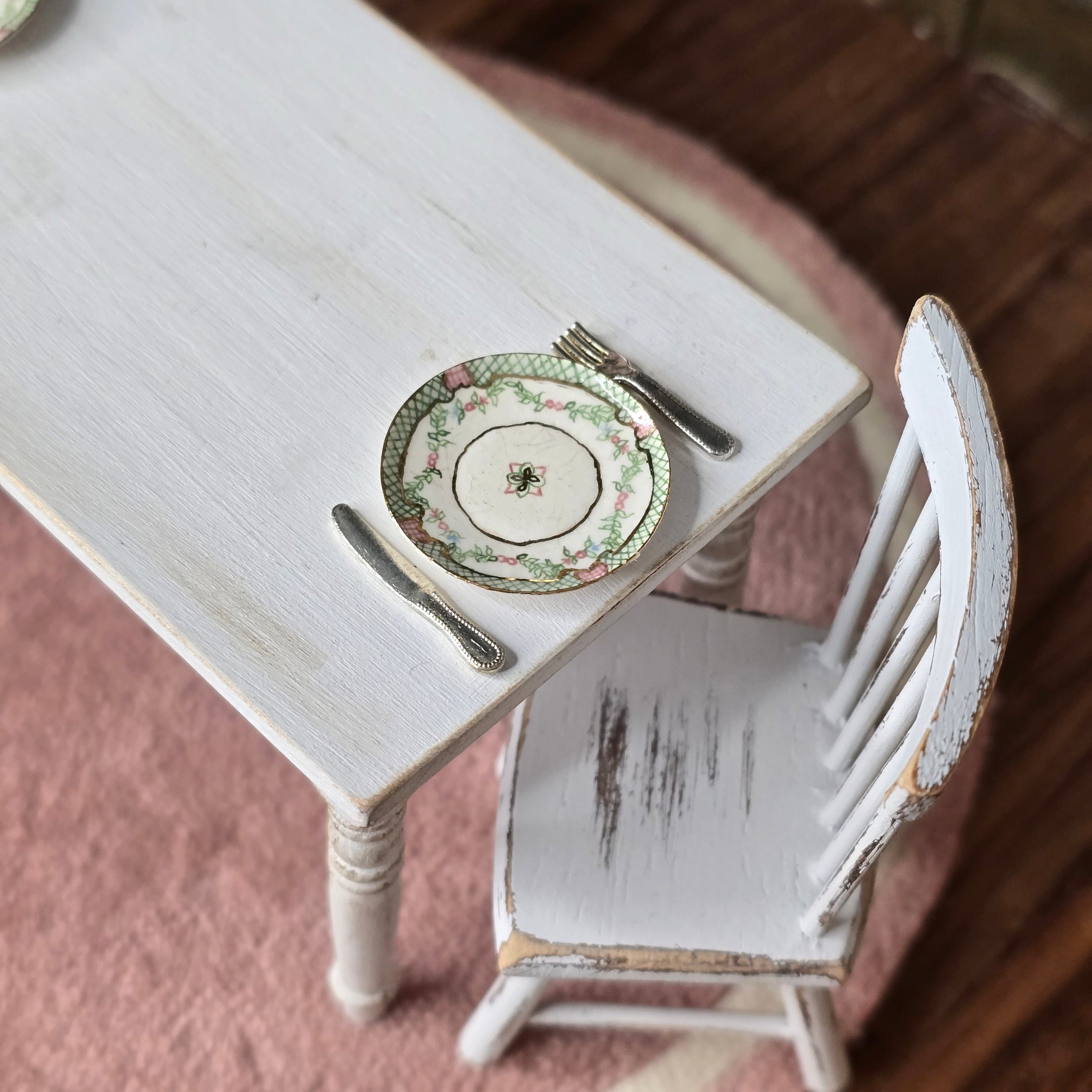Plate on a white wooden table with a blurred background