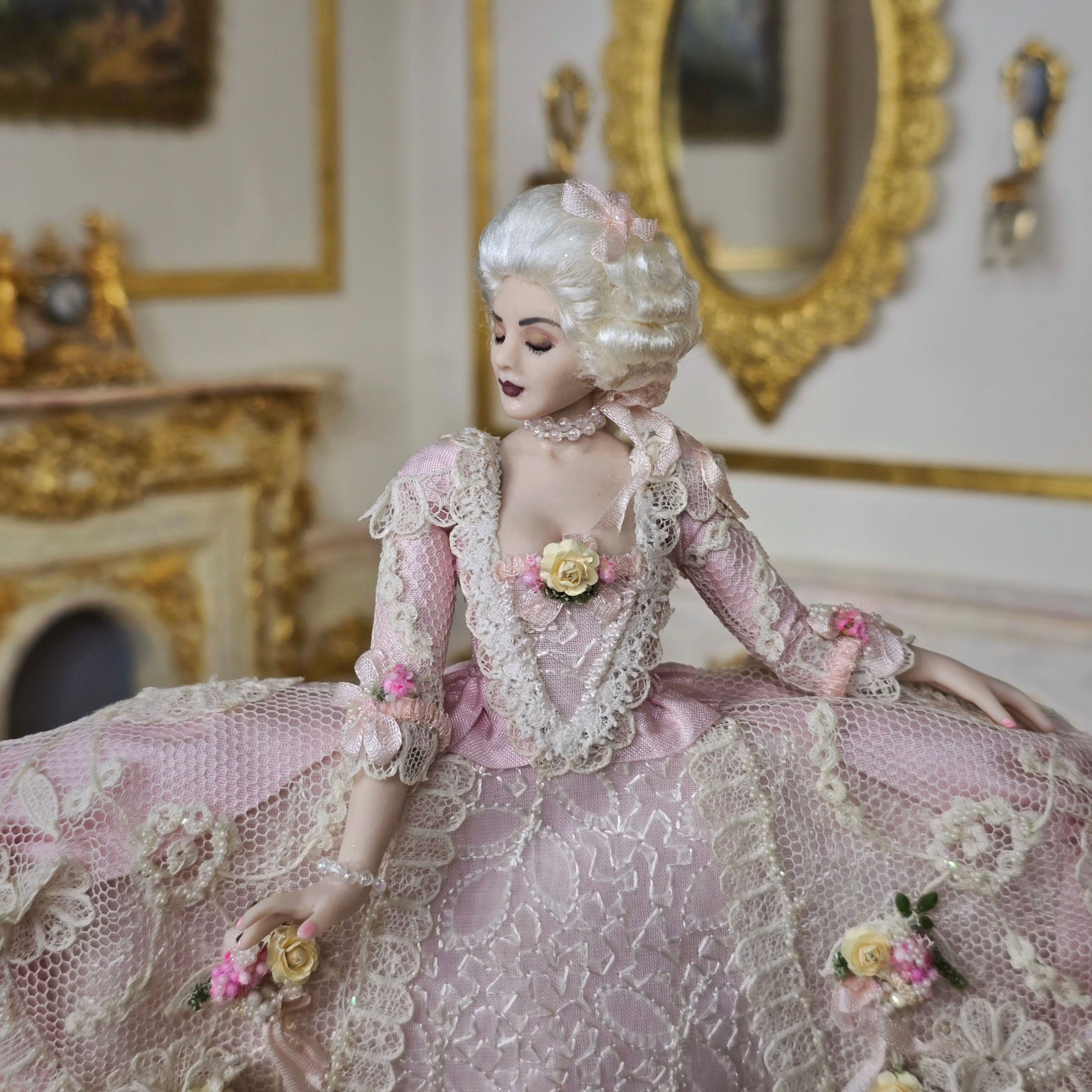 Lady Valentine Rococo Porcelain Doll with Pink Silk Panniers by Dana Burton