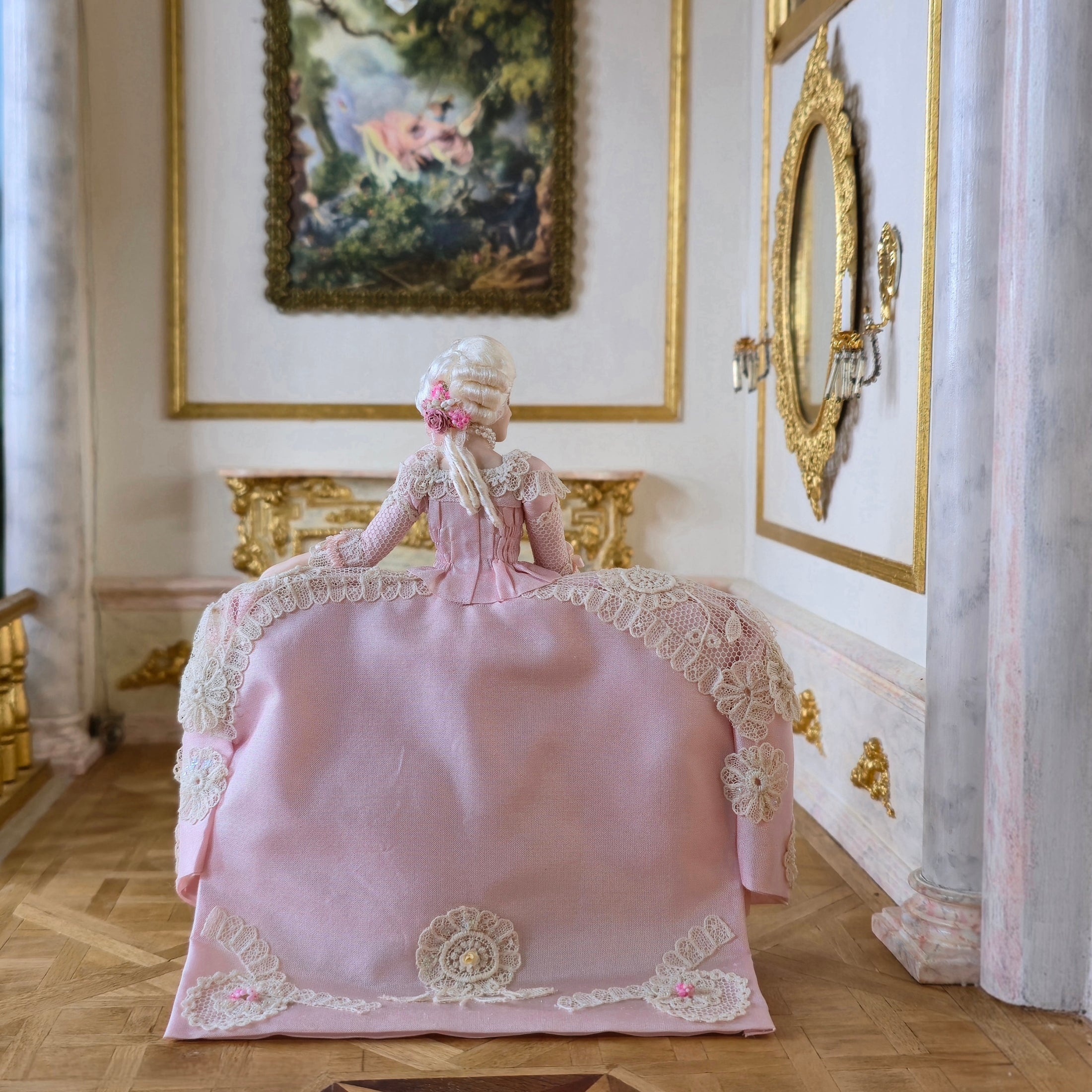 Lady Valentine Rococo Porcelain Doll with Pink Silk Panniers by Dana Burton