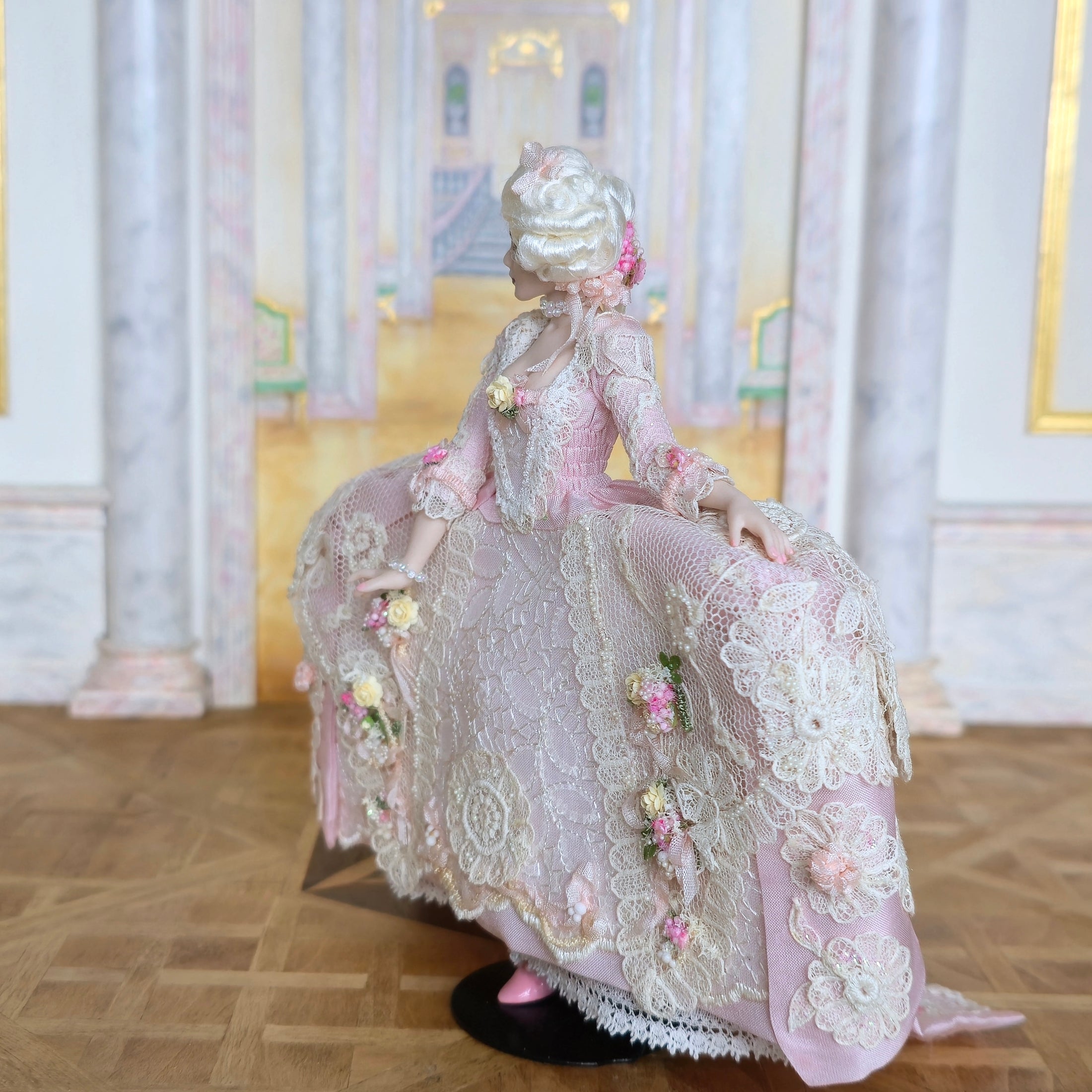 Lady Valentine Rococo Porcelain Doll with Pink Silk Panniers by Dana Burton