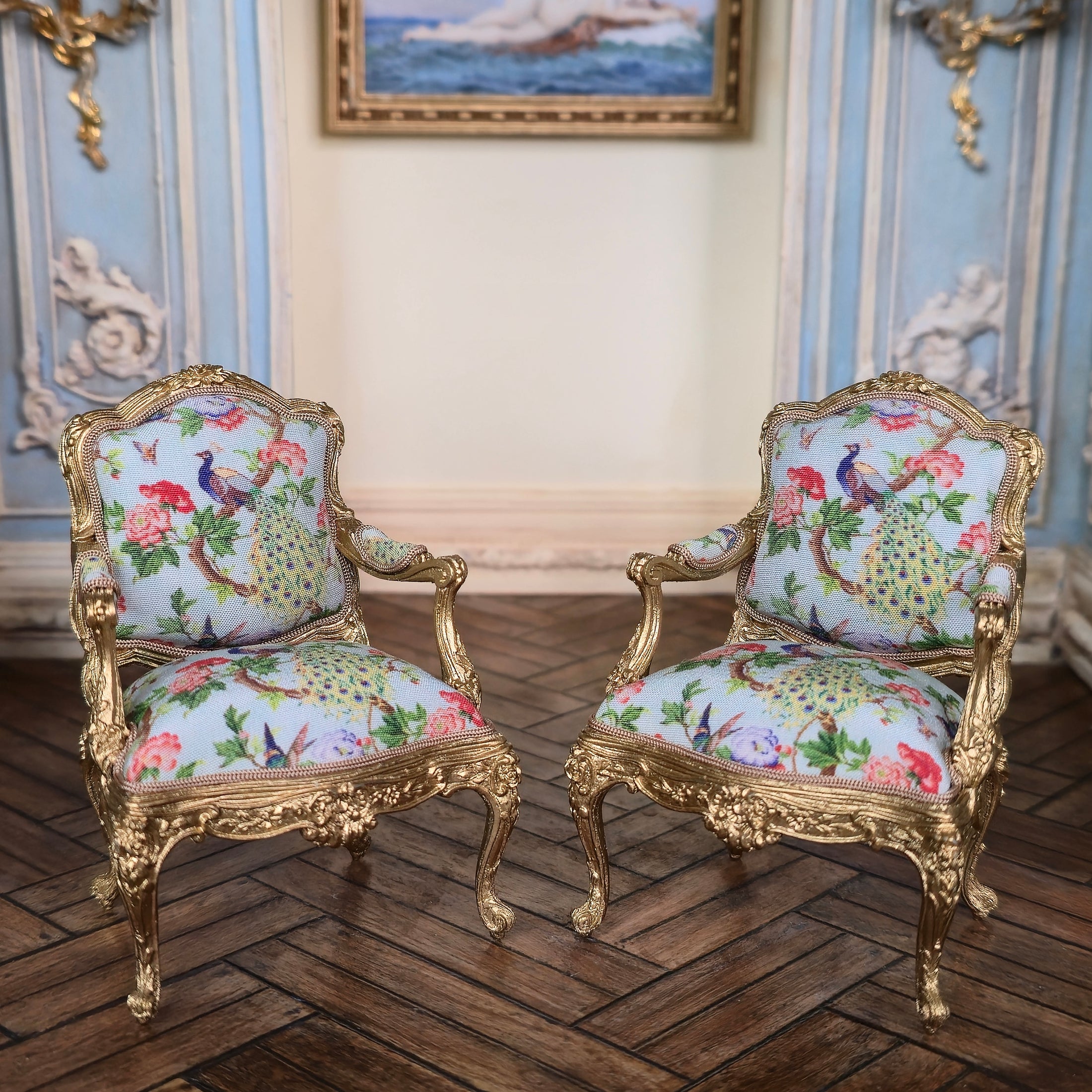 John J. Hodgson Gold-Leafed Peacock Upholstered Settee & Armchairs 3-Piece Living Room Set