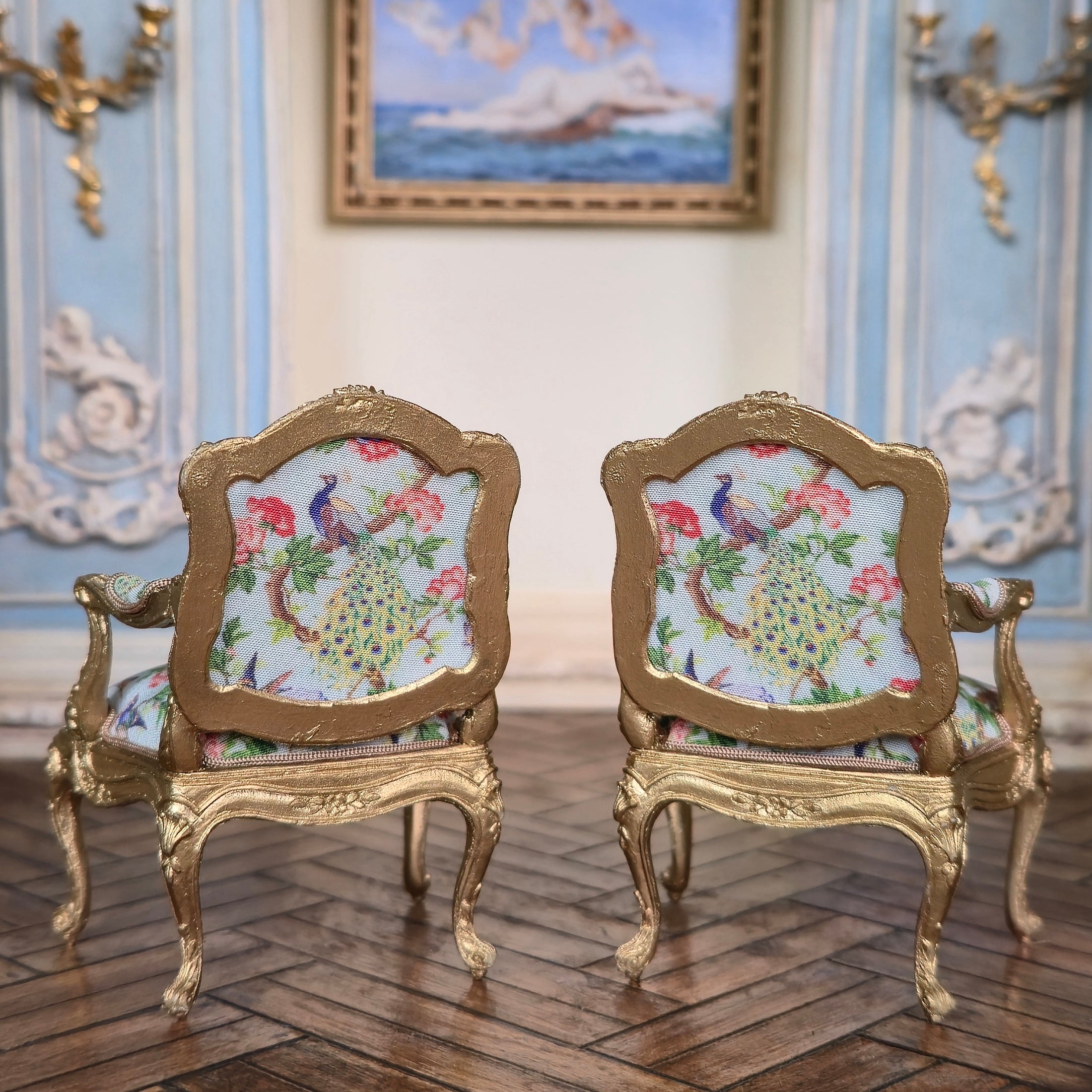 John J. Hodgson Gold-Leafed Peacock Upholstered Settee & Armchairs 3-Piece Living Room Set
