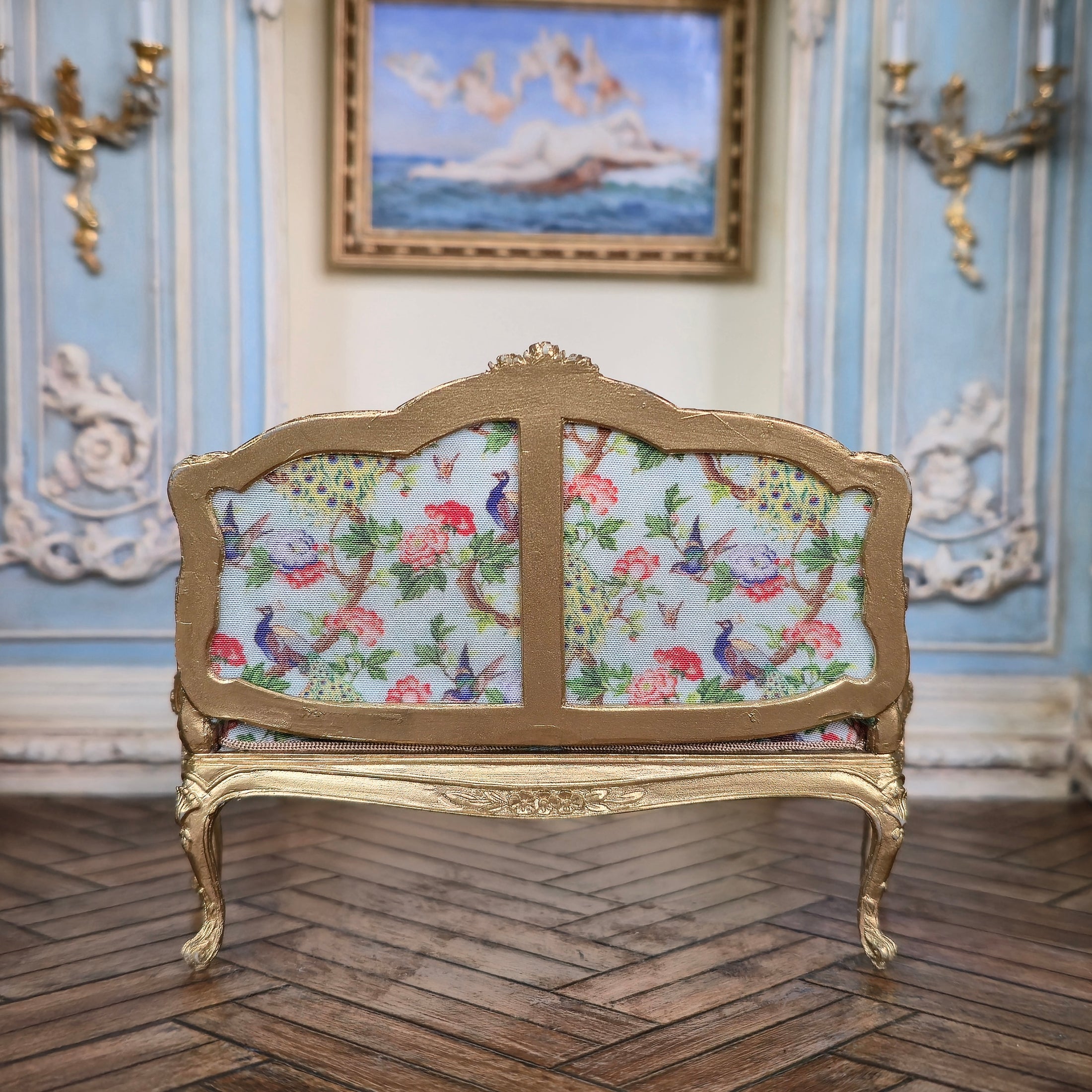 John J. Hodgson Gold-Leafed Peacock Upholstered Settee & Armchairs 3-Piece Living Room Set