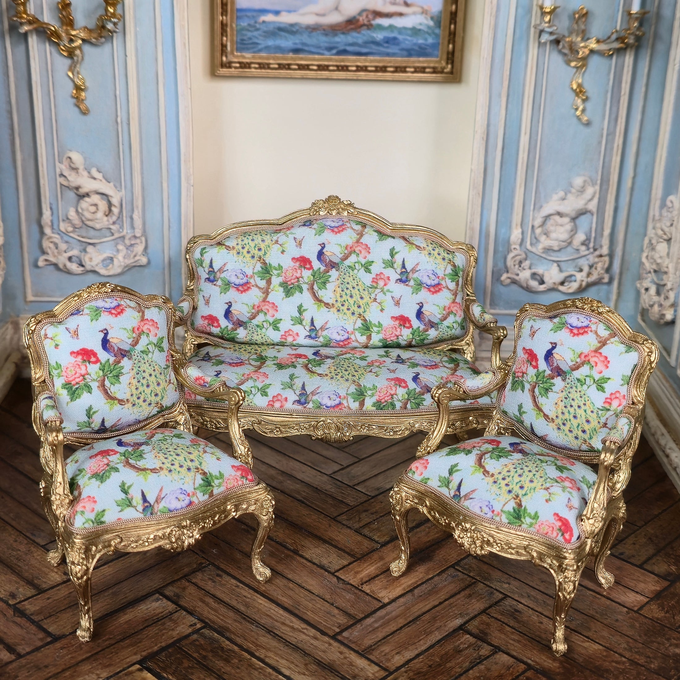 John J. Hodgson Gold-Leafed Peacock Upholstered Settee & Armchairs 3-Piece Living Room Set