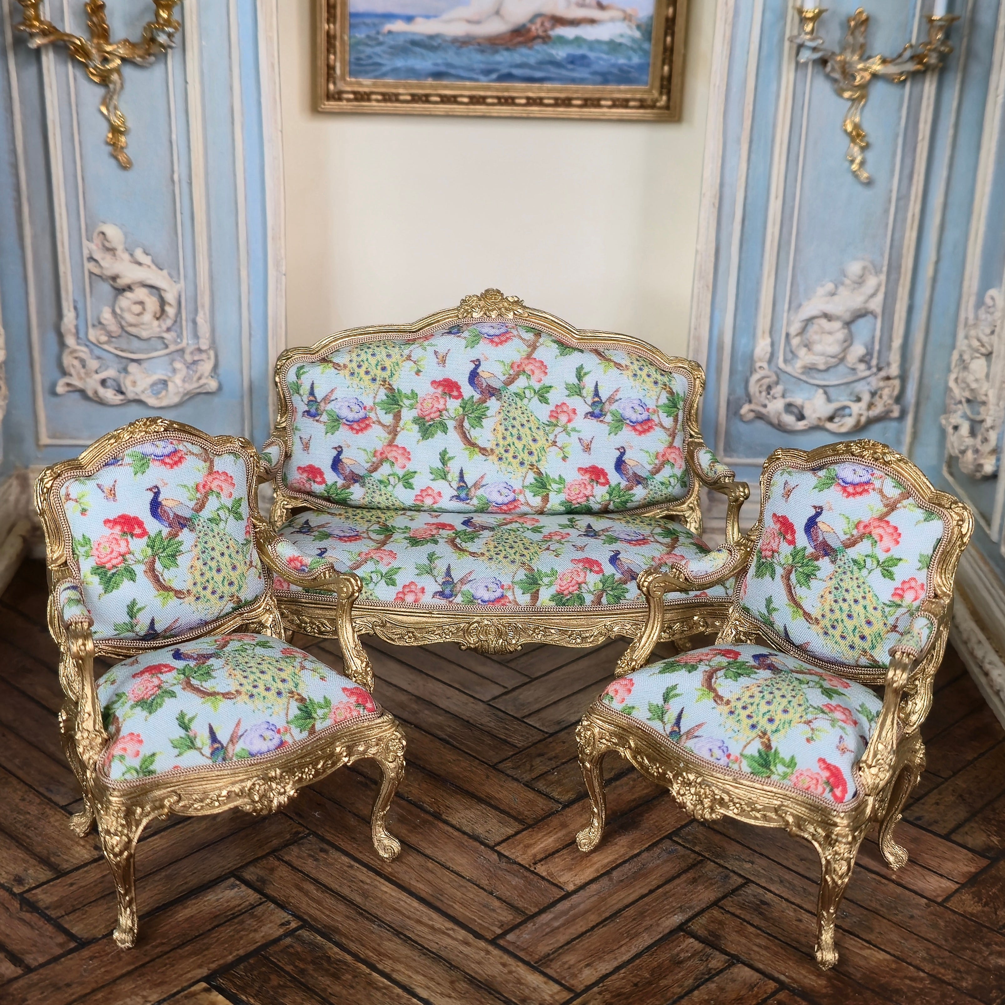 John J. Hodgson Gold-Leafed Peacock Upholstered Settee & Armchairs 3-Piece Living Room Set