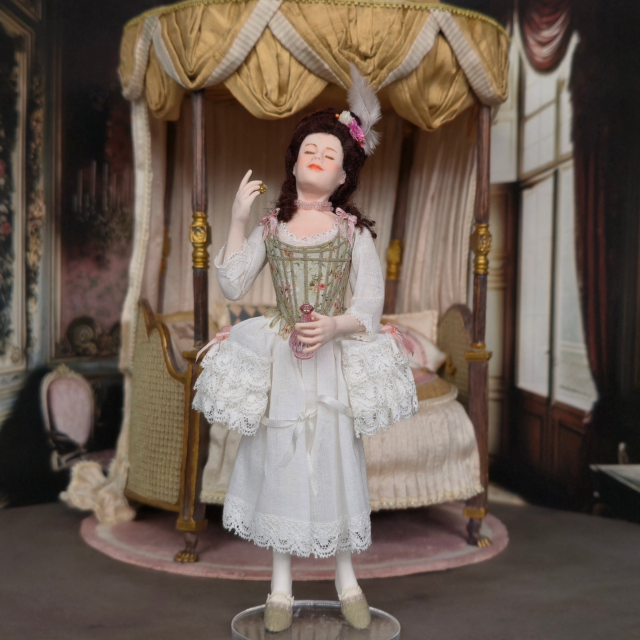 Rococo Era Boudoir Lady Doll With Glass Perfume Bottle Clay