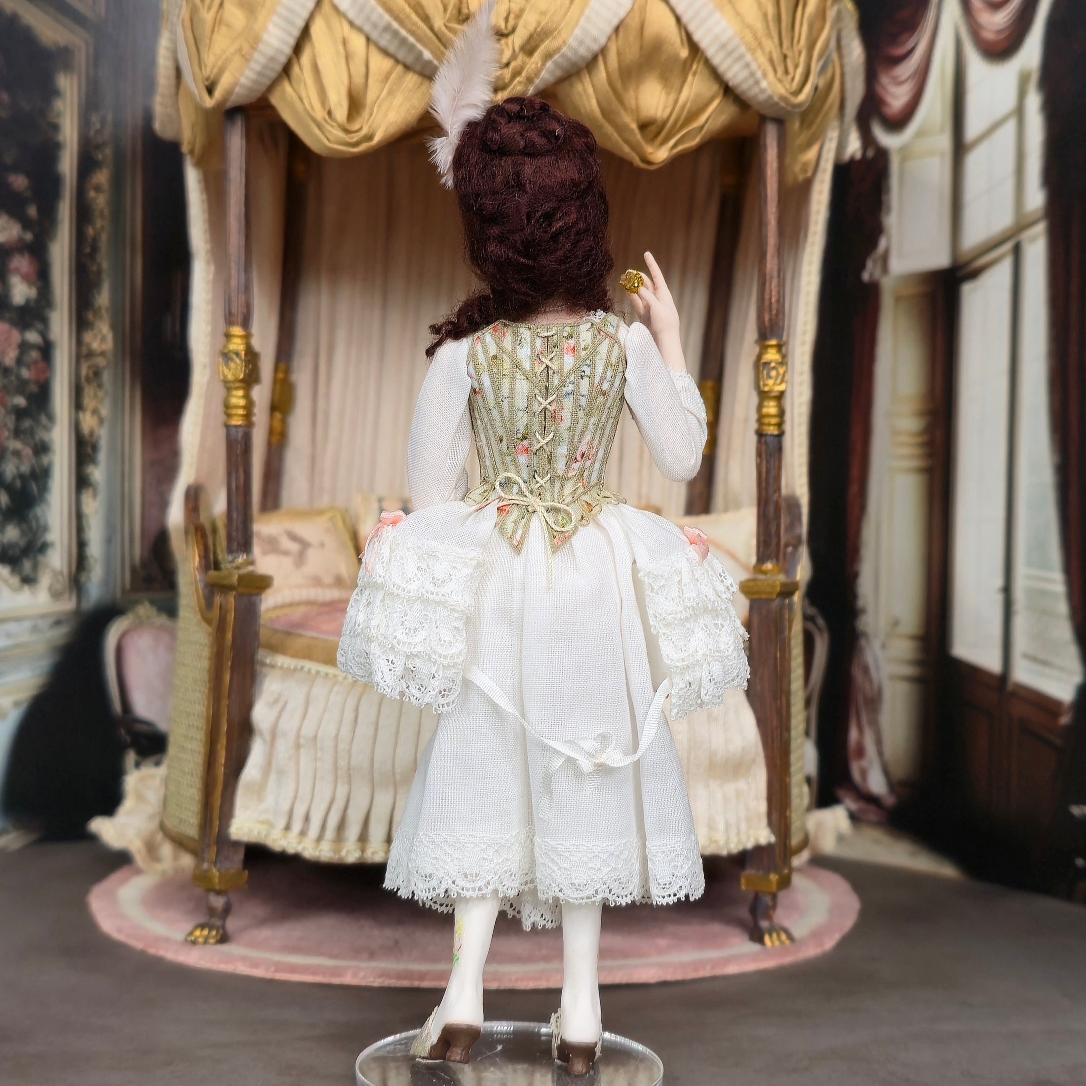 Rococo Era Boudoir Lady Doll With Glass Perfume Bottle Clay