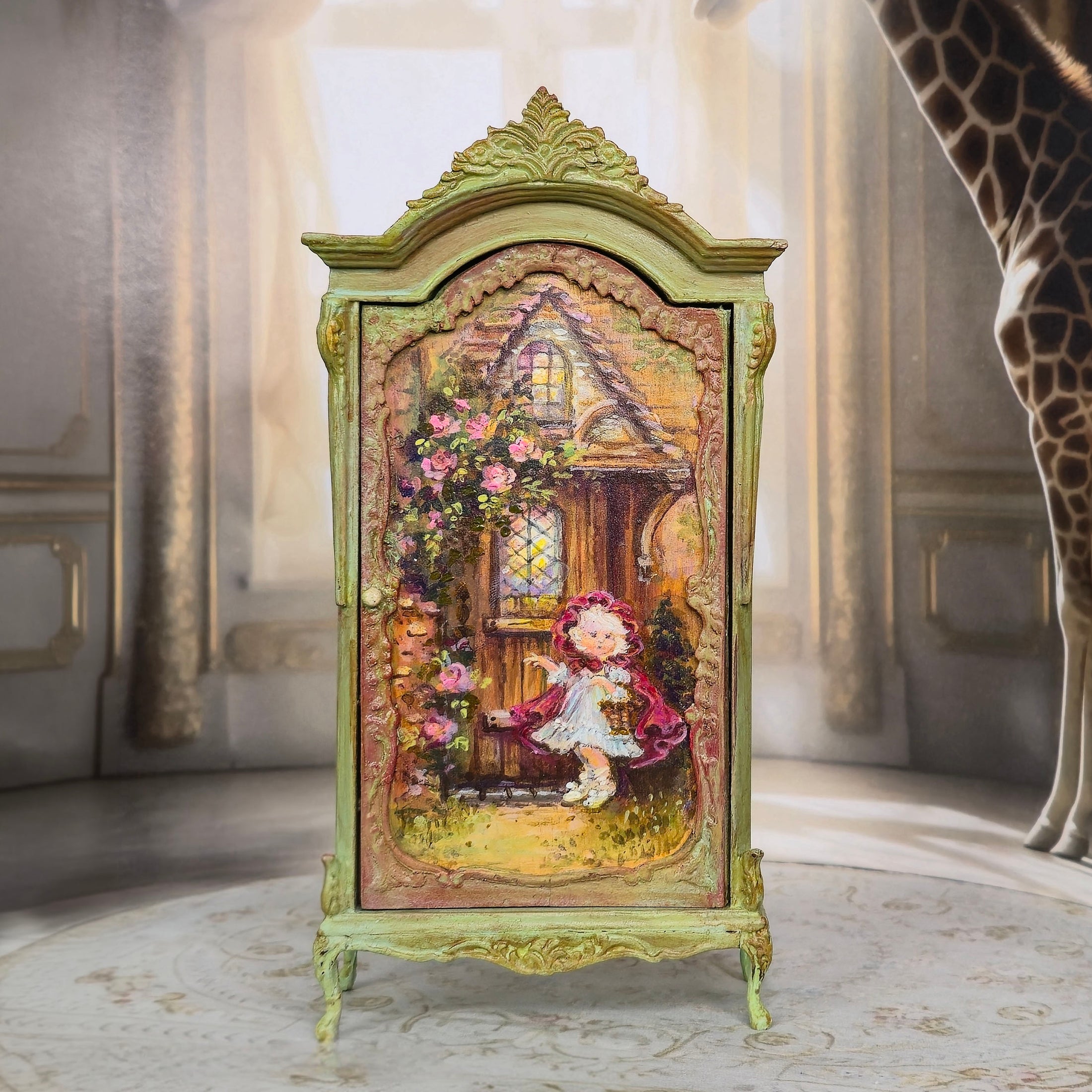 Jill Dianne Green Hand-Painted Fairytale Wardrobe Cabinet with Storybook Murals