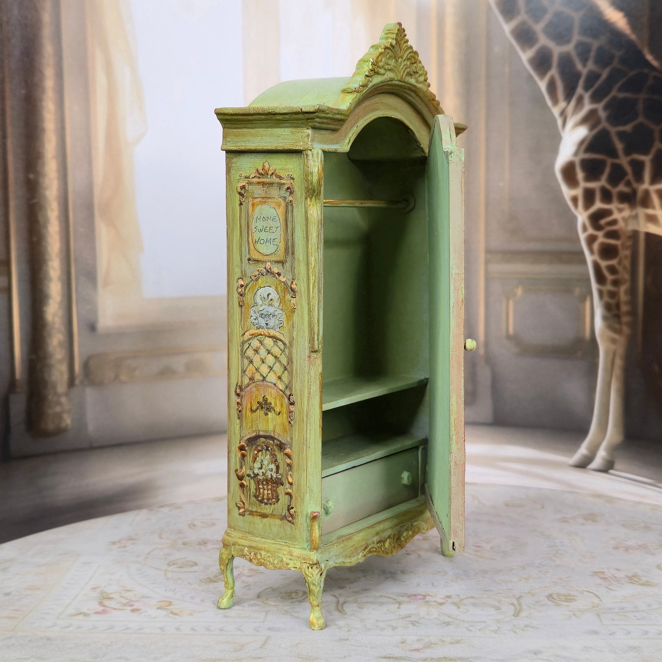 Jill Dianne Green Hand-Painted Fairytale Wardrobe Cabinet with Storybook Murals