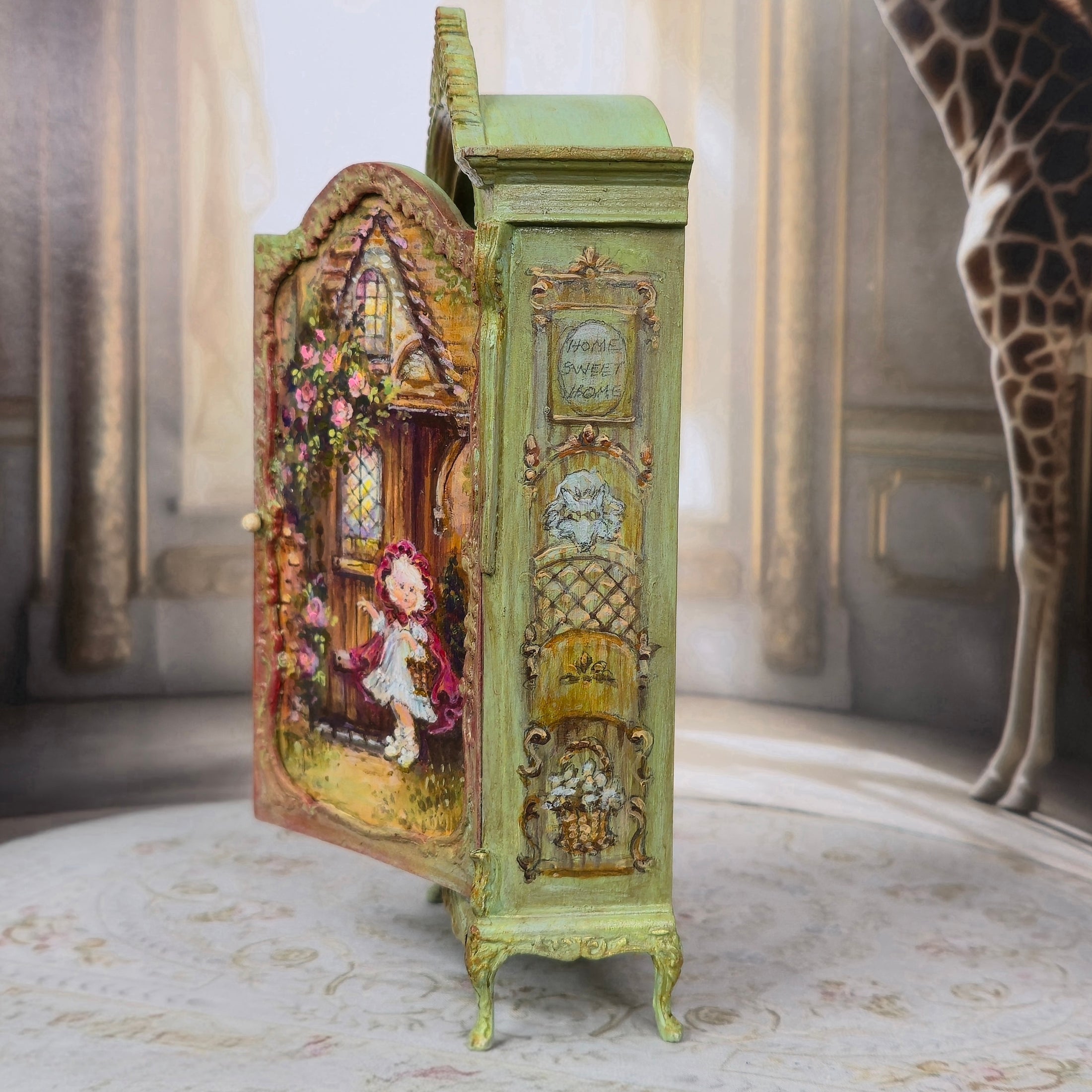 Jill Dianne Green Hand-Painted Fairytale Wardrobe Cabinet with Storybook Murals