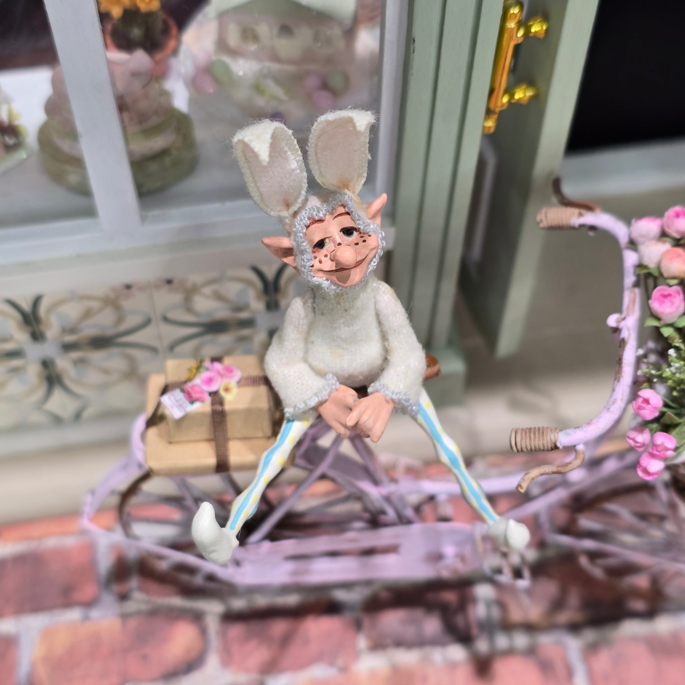 Cynthia Baron Vintage Seated Easter Elf Boy Doll with Bunny Ears