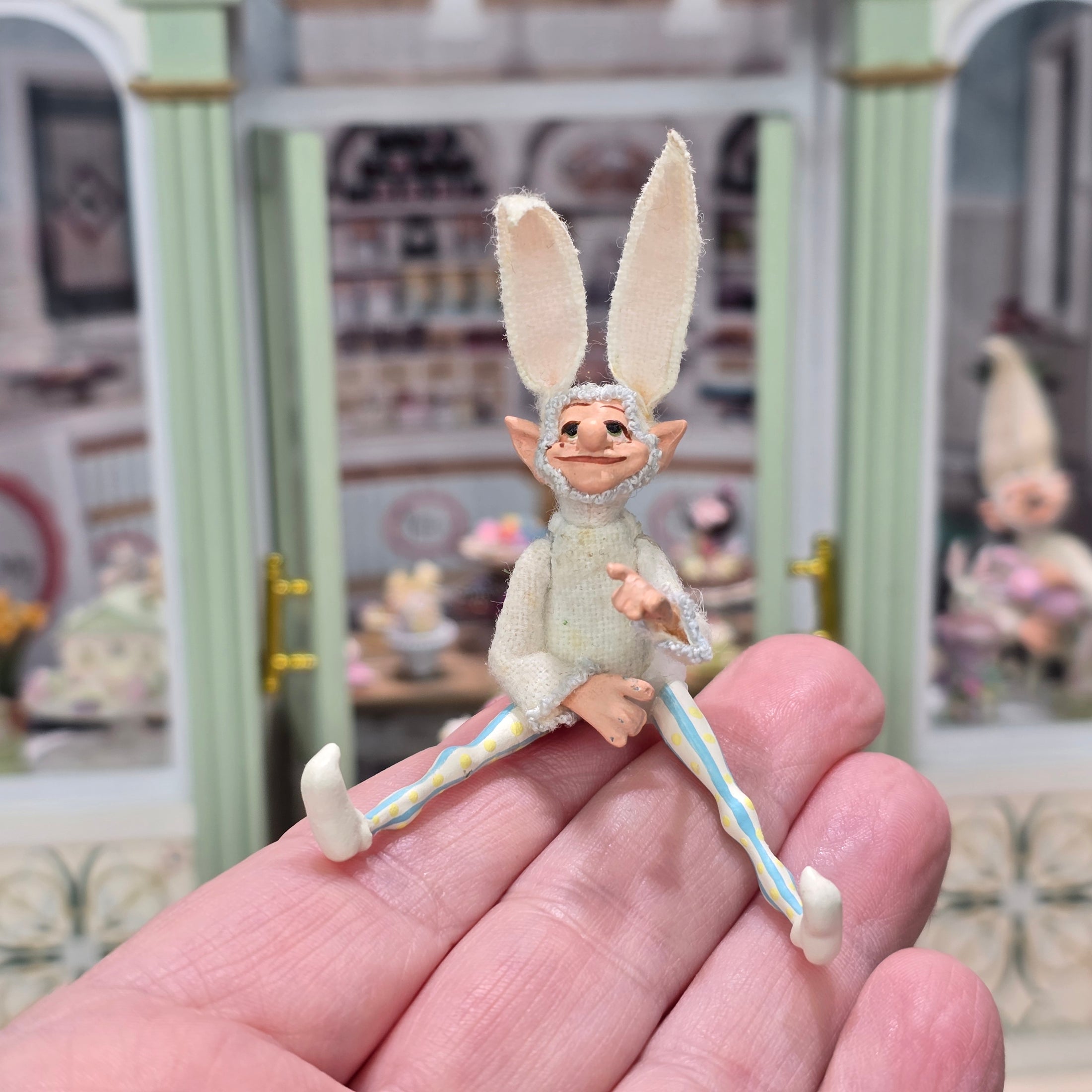 Cynthia Baron Vintage Seated Easter Elf Boy Doll with Bunny Ears