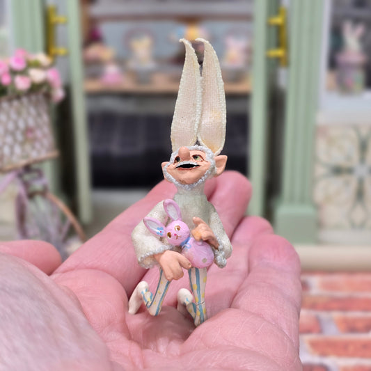 Cynthia Baron Vintage Kneeling Easter Elf Boy Doll with Bunny Ears & Rabbit Toy