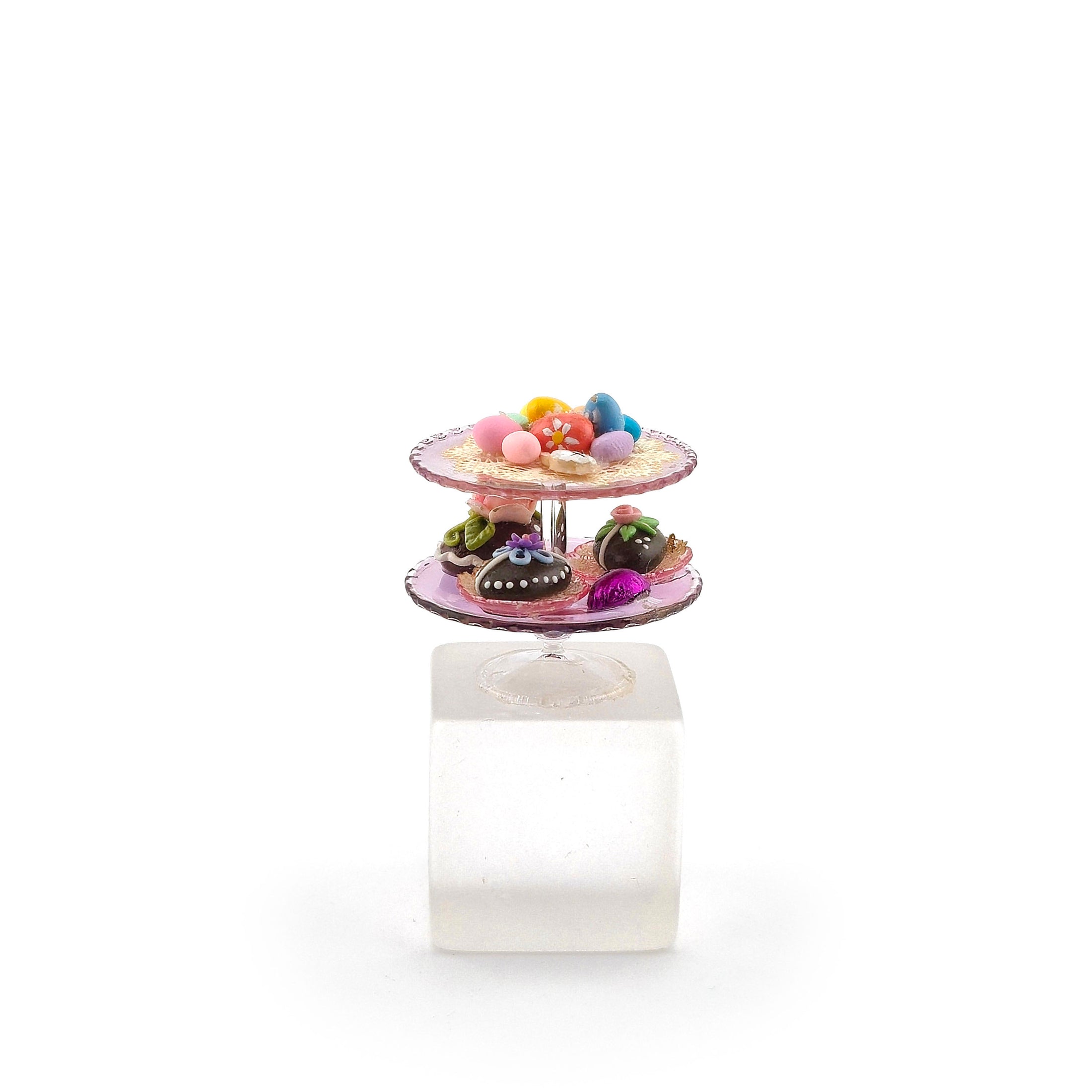 Pink Glass Two-Tier Miniature Cake Stand Dressed with Easter Treats