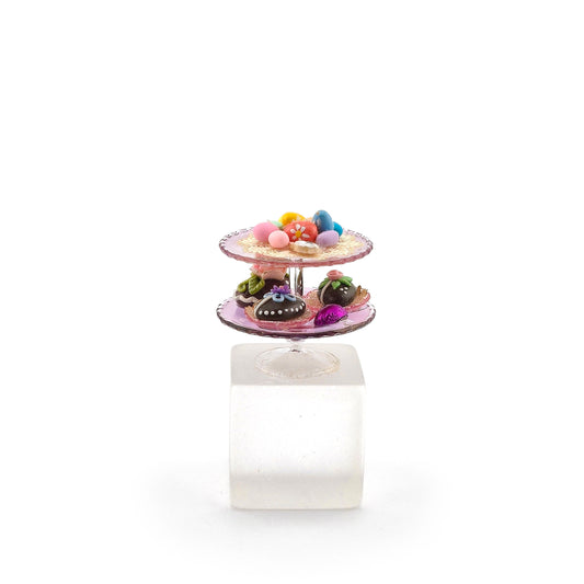 Pink Glass Two-Tier Miniature Cake Stand Dressed with Easter Treats