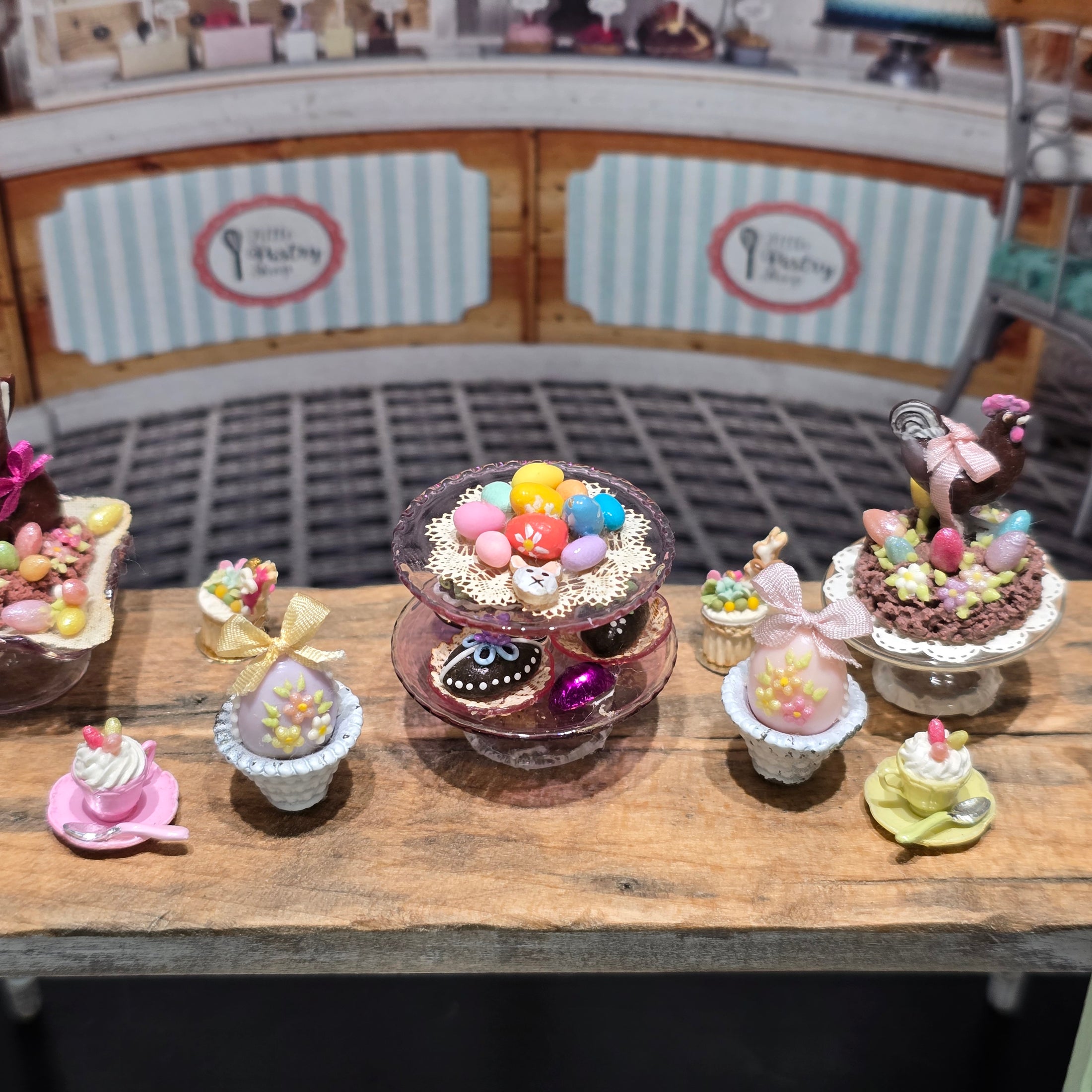 Pink Glass Two-Tier Miniature Cake Stand Dressed with Easter Treats