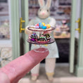 Load image into Gallery viewer, Pink Glass Two-Tier Miniature Cake Stand Dressed with Easter Treats
