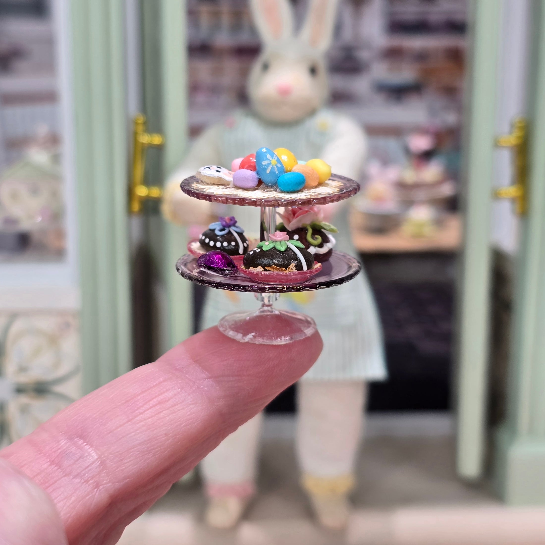 Pink Glass Two-Tier Miniature Cake Stand Dressed with Easter Treats