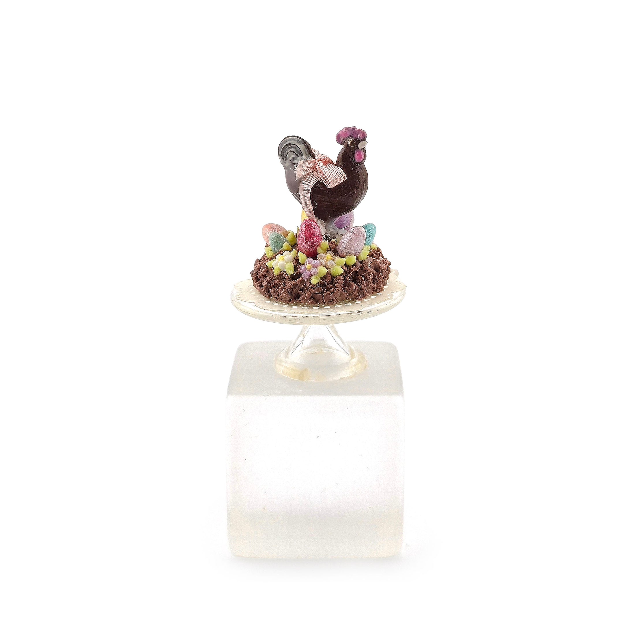 Chocolate Rooster & Easter Eggs Decorated Cake on Glass Stand Miniature