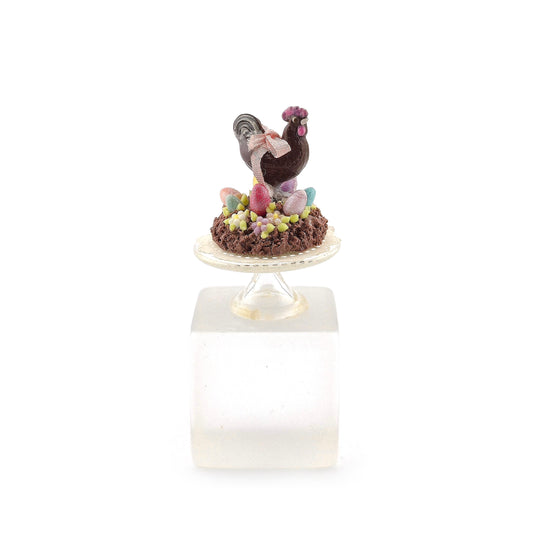 Chocolate Rooster & Easter Eggs Decorated Cake on Glass Stand Miniature