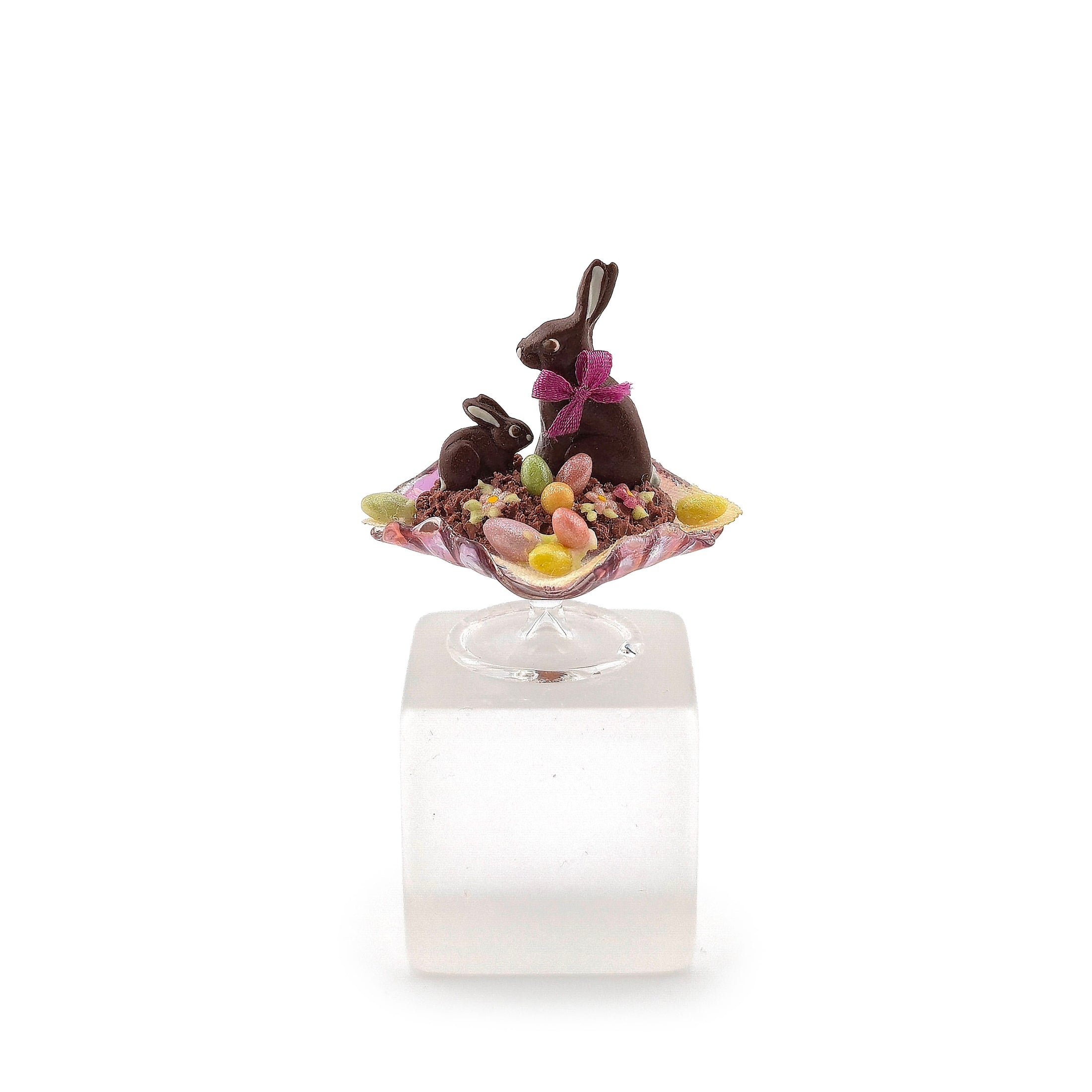 Paris Miniatures Chocolate Easter Rabbit Family Candy Display on Pink Glass Stand