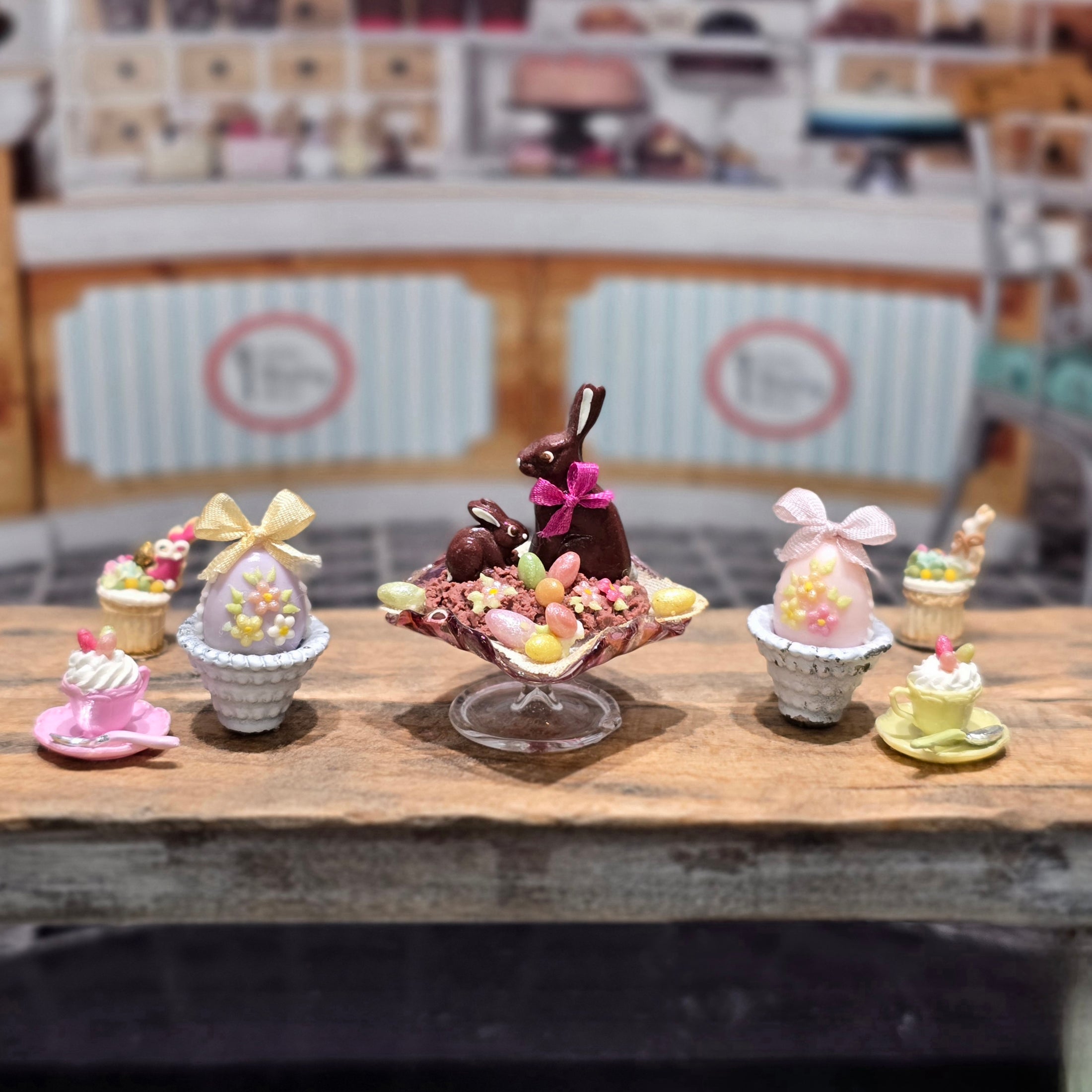 Paris Miniatures Chocolate Easter Rabbit Family Candy Display on Pink Glass Stand