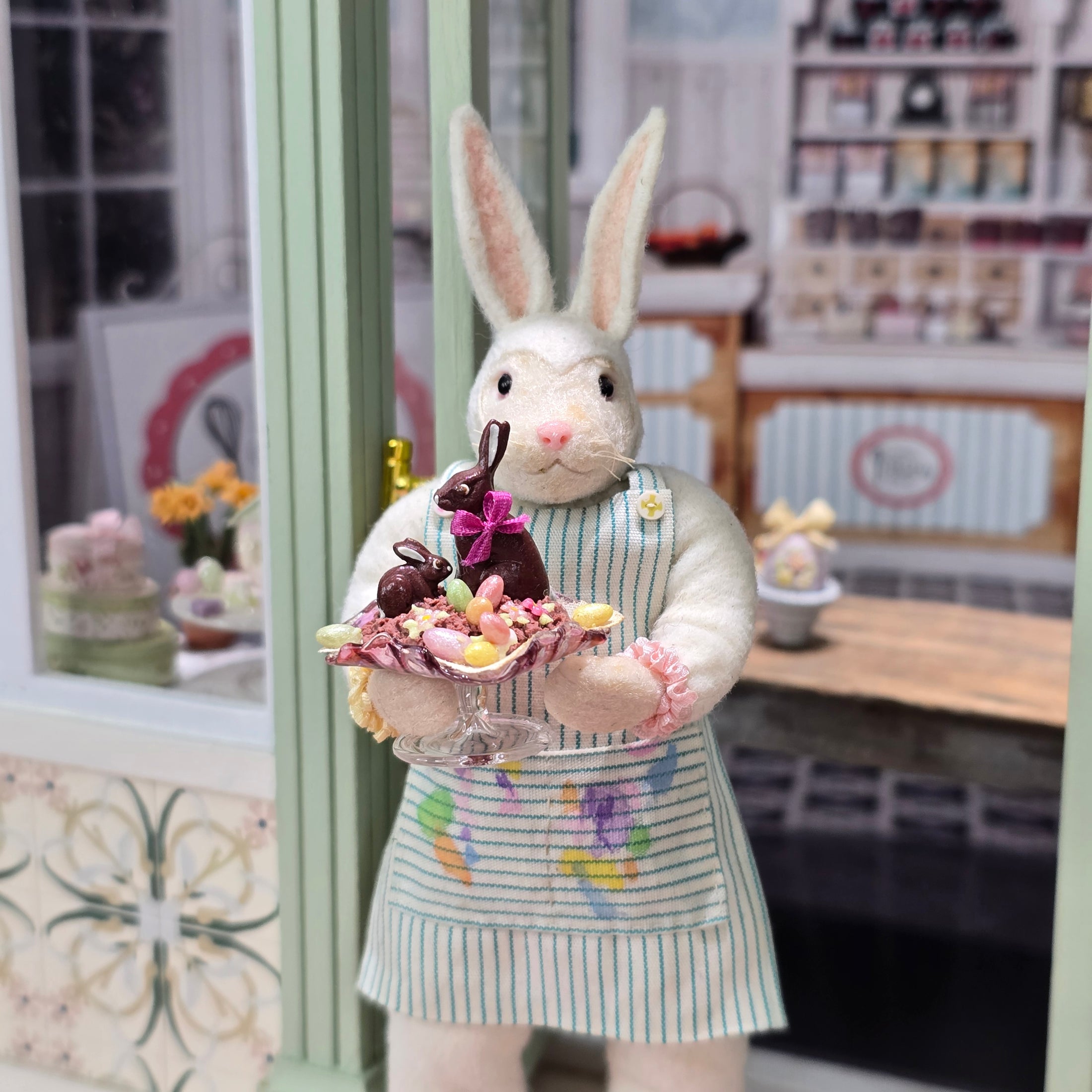 Paris Miniatures Chocolate Easter Rabbit Family Candy Display on Pink Glass Stand