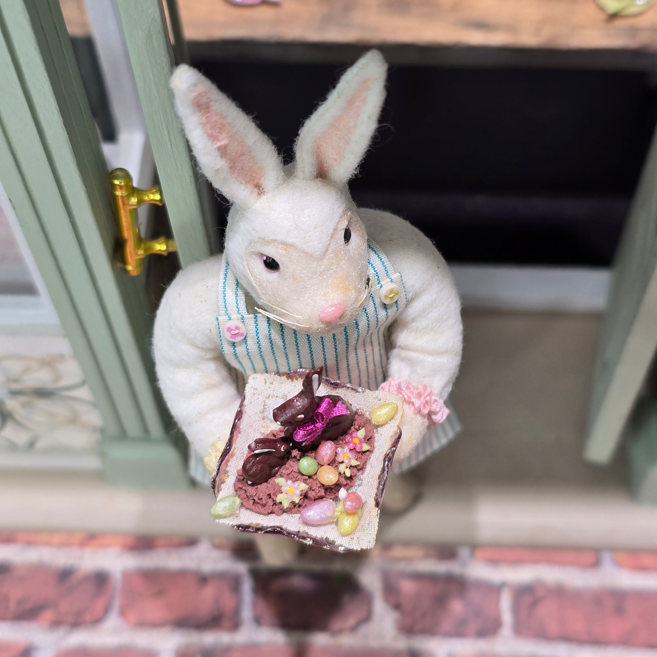 Paris Miniatures Chocolate Easter Rabbit Family Candy Display on Pink Glass Stand
