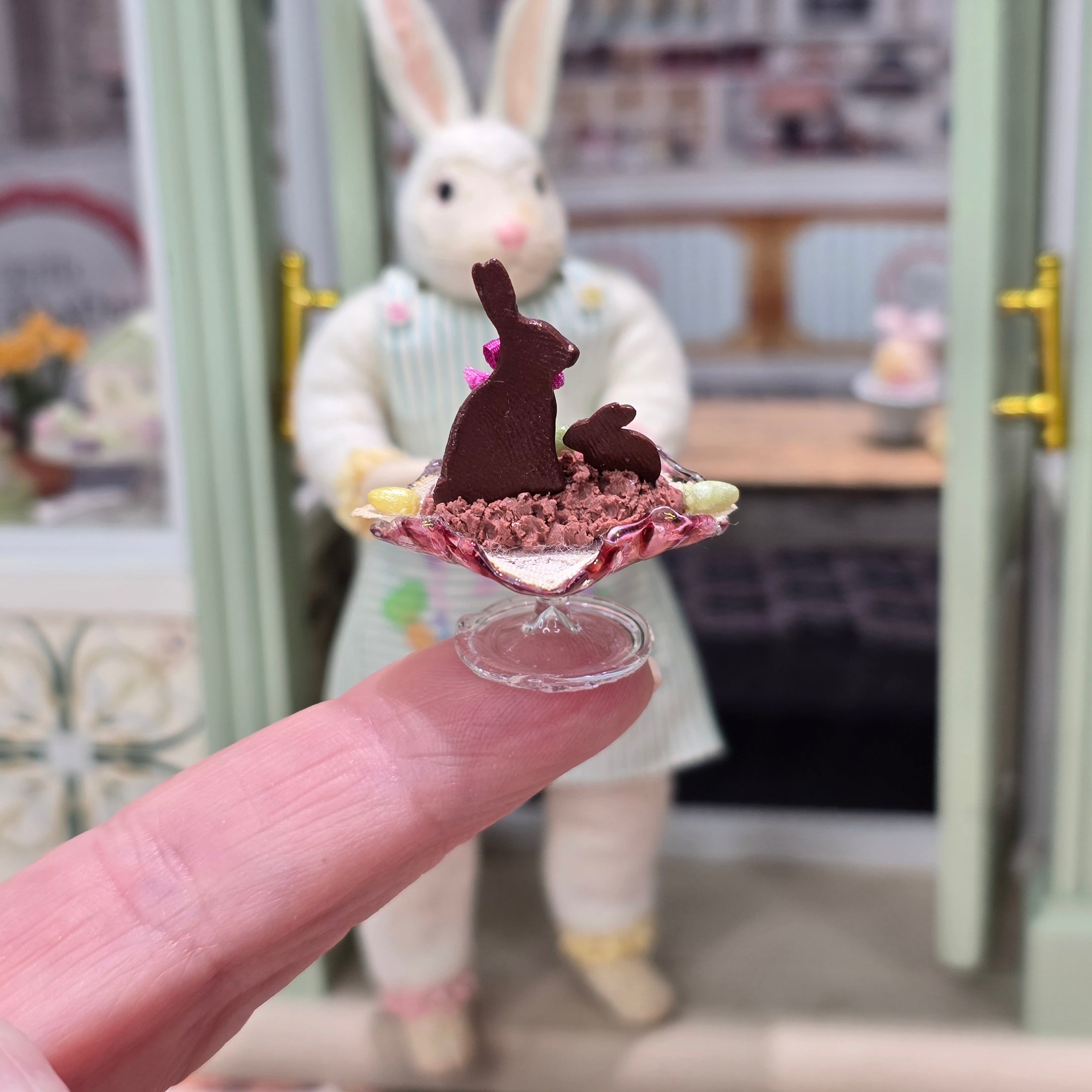 Paris Miniatures Chocolate Easter Rabbit Family Candy Display on Pink Glass Stand