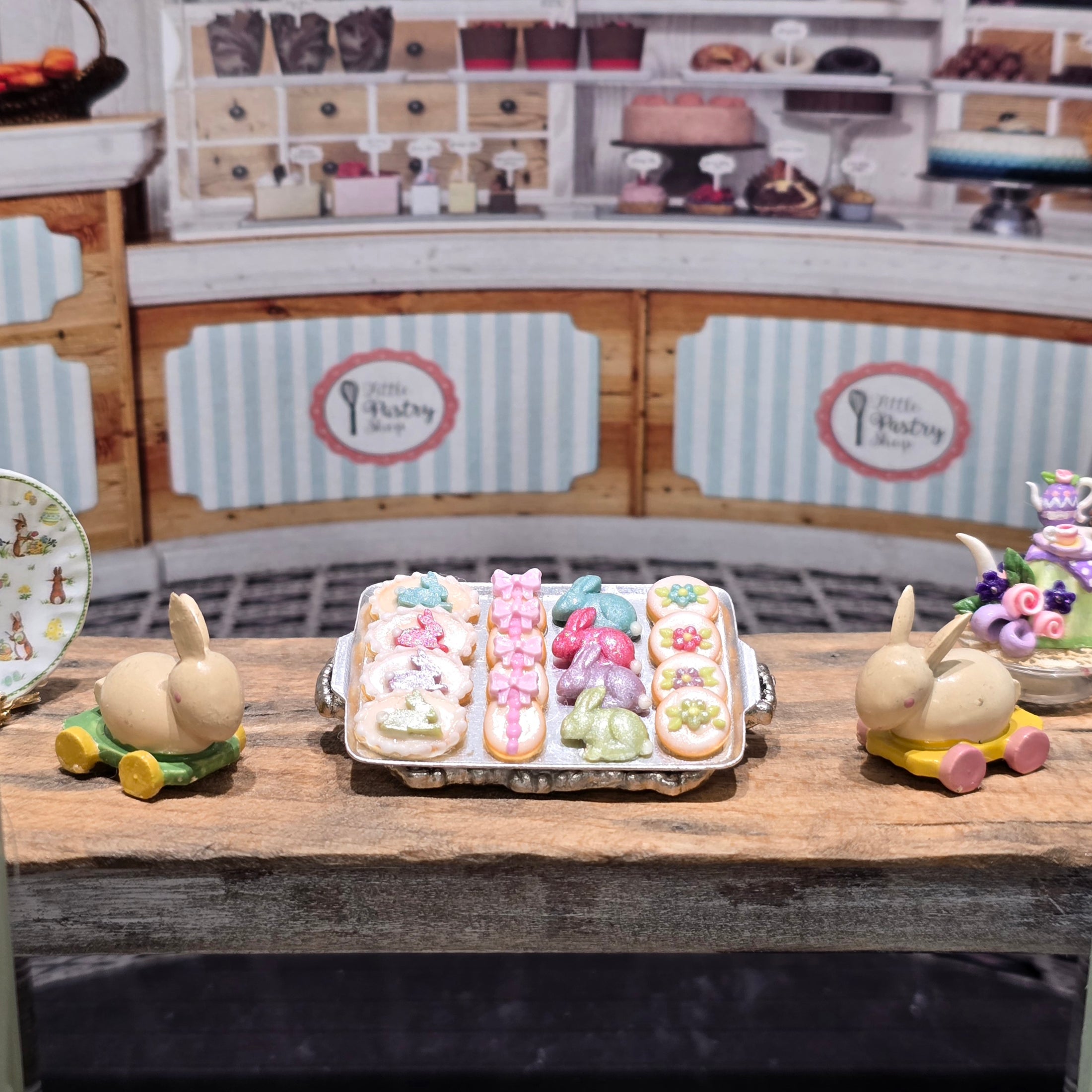 Paris Miniatures Decorated Easter Sugar Cookies on Tray with Silver Serving Platter
