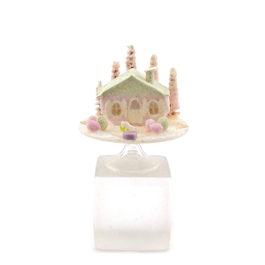 Putz-Style Easter House on Glass Cake Stand Spring Candy Cottage Vintage Artisan