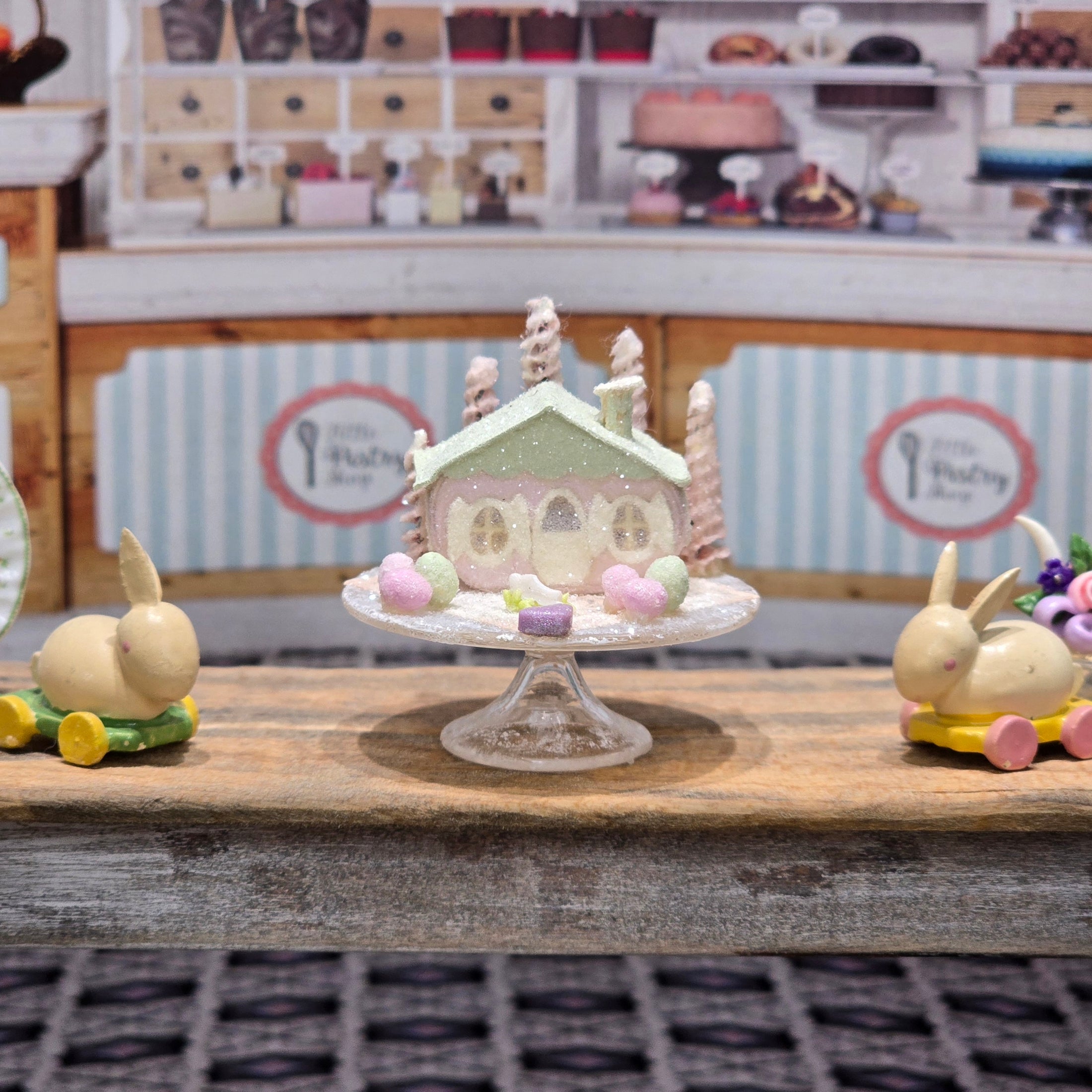 Putz-Style Easter House on Glass Cake Stand Spring Candy Cottage Vintage Artisan