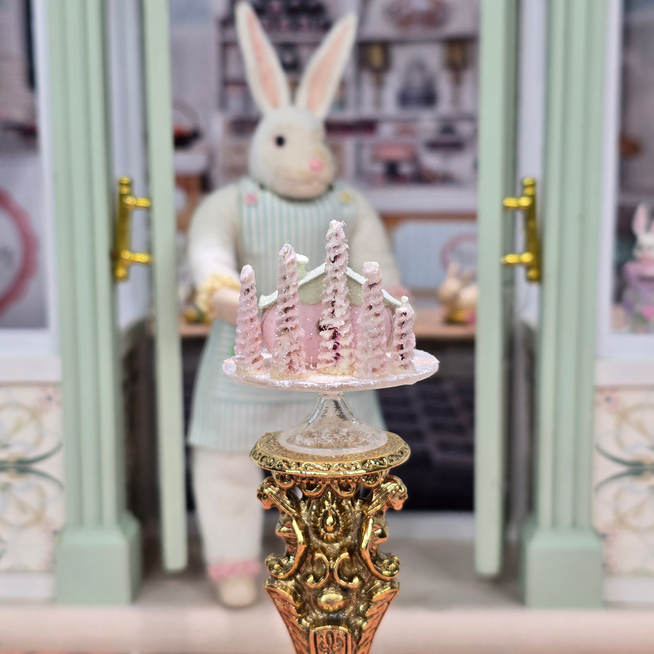 Putz-Style Easter House on Glass Cake Stand Spring Candy Cottage Vintage Artisan