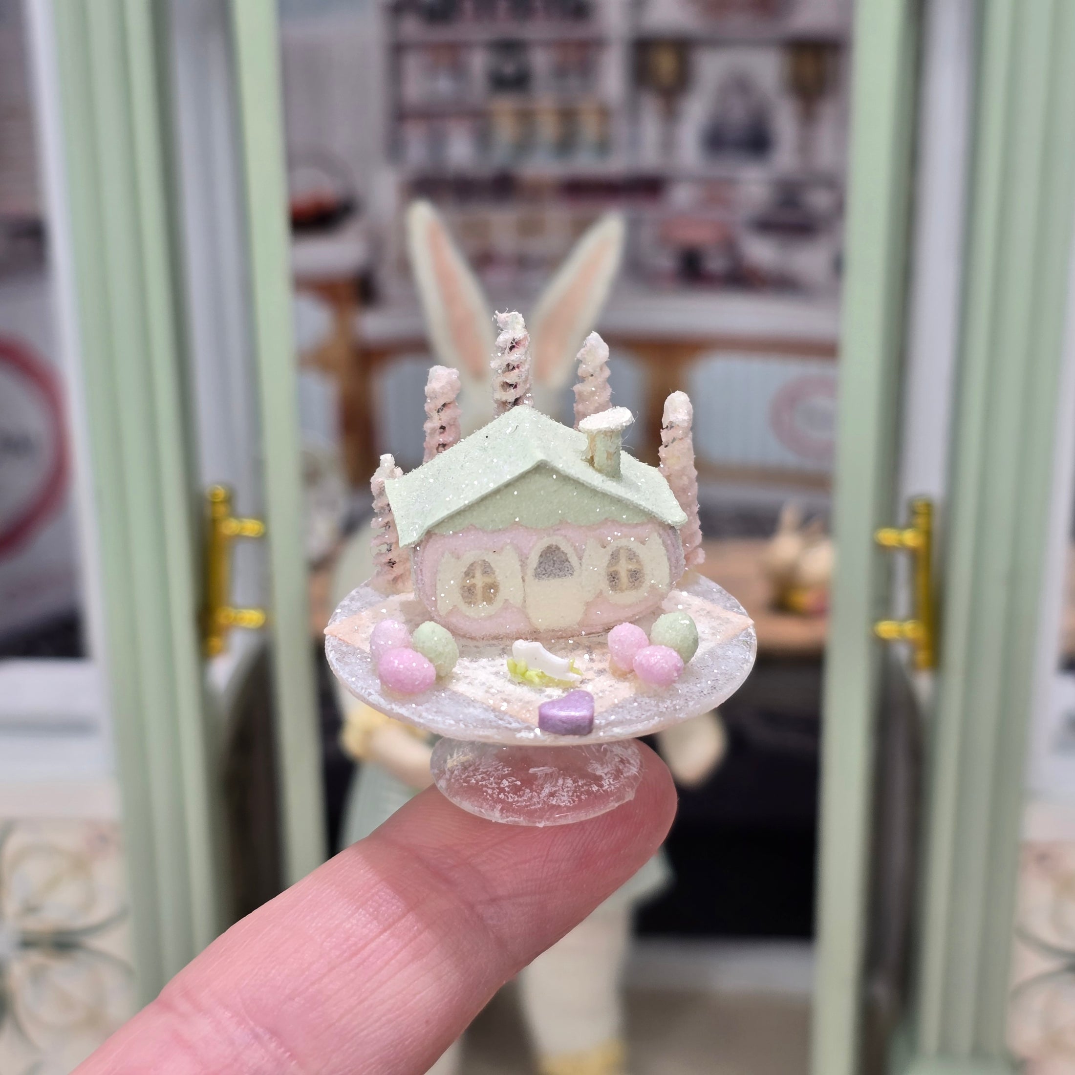 Putz-Style Easter House on Glass Cake Stand Spring Candy Cottage Vintage Artisan