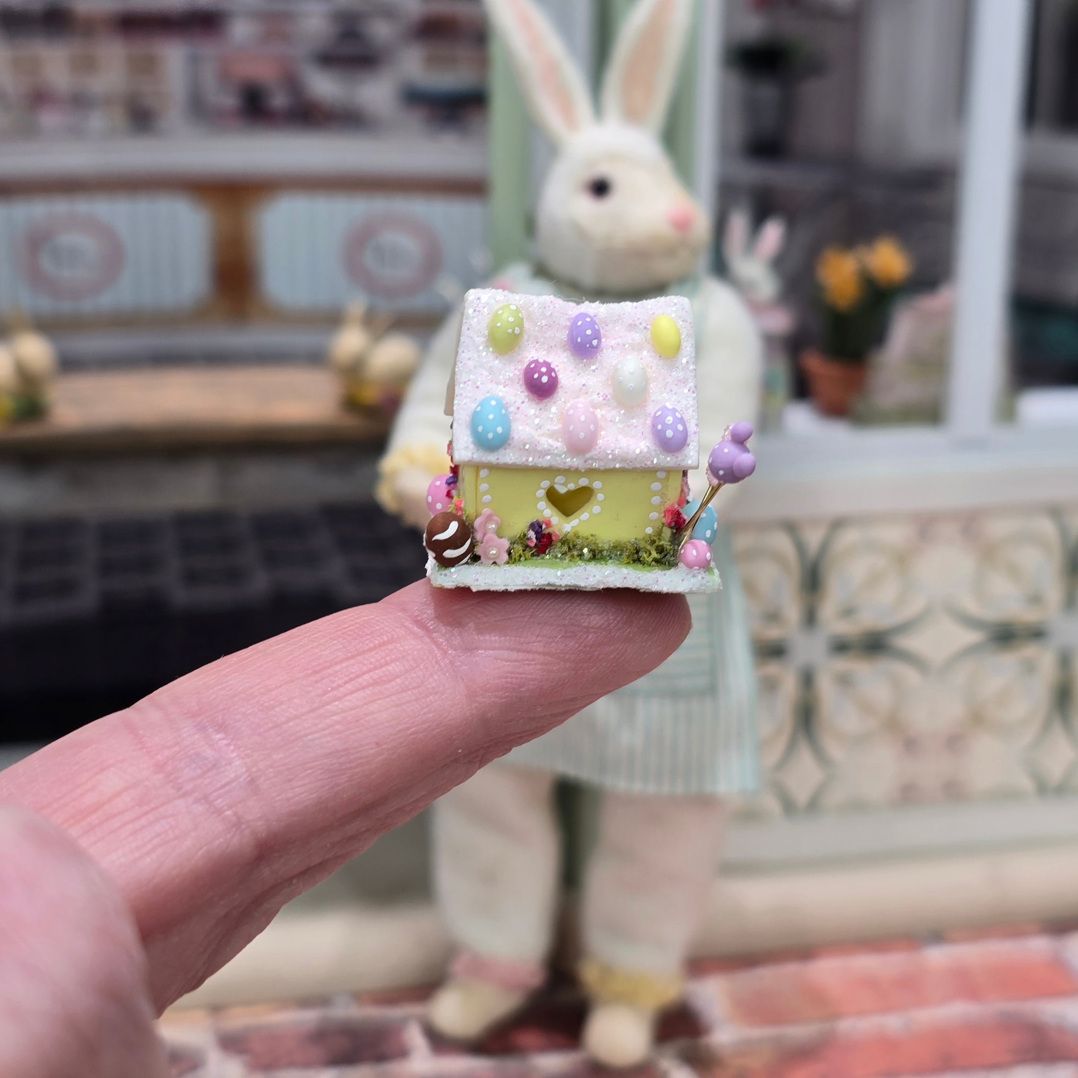 Yellow Easter Sugar House with Pastel Candy Display Centerpiece Miniature