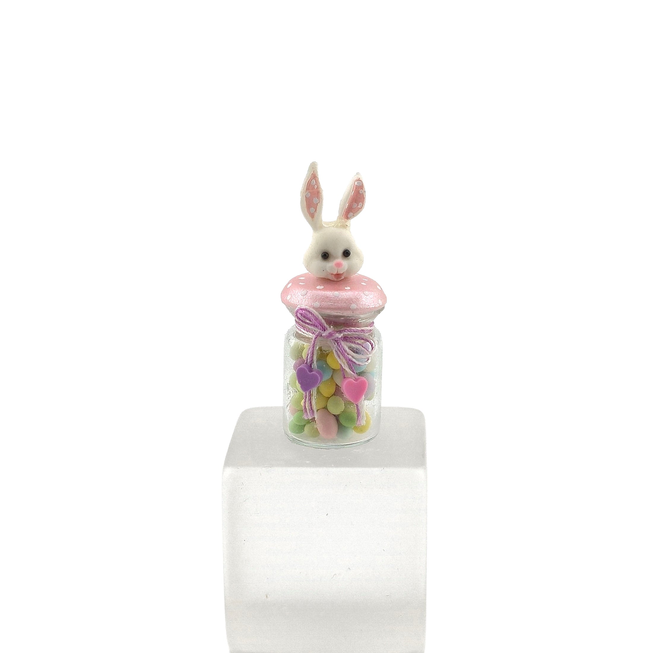 Pink Polka Dots Bunny-Topped Jelly Bean Glass Candy Shop Jar Miniature
