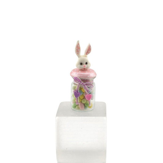 Pink Polka Dots Bunny-Topped Jelly Bean Glass Candy Shop Jar Miniature