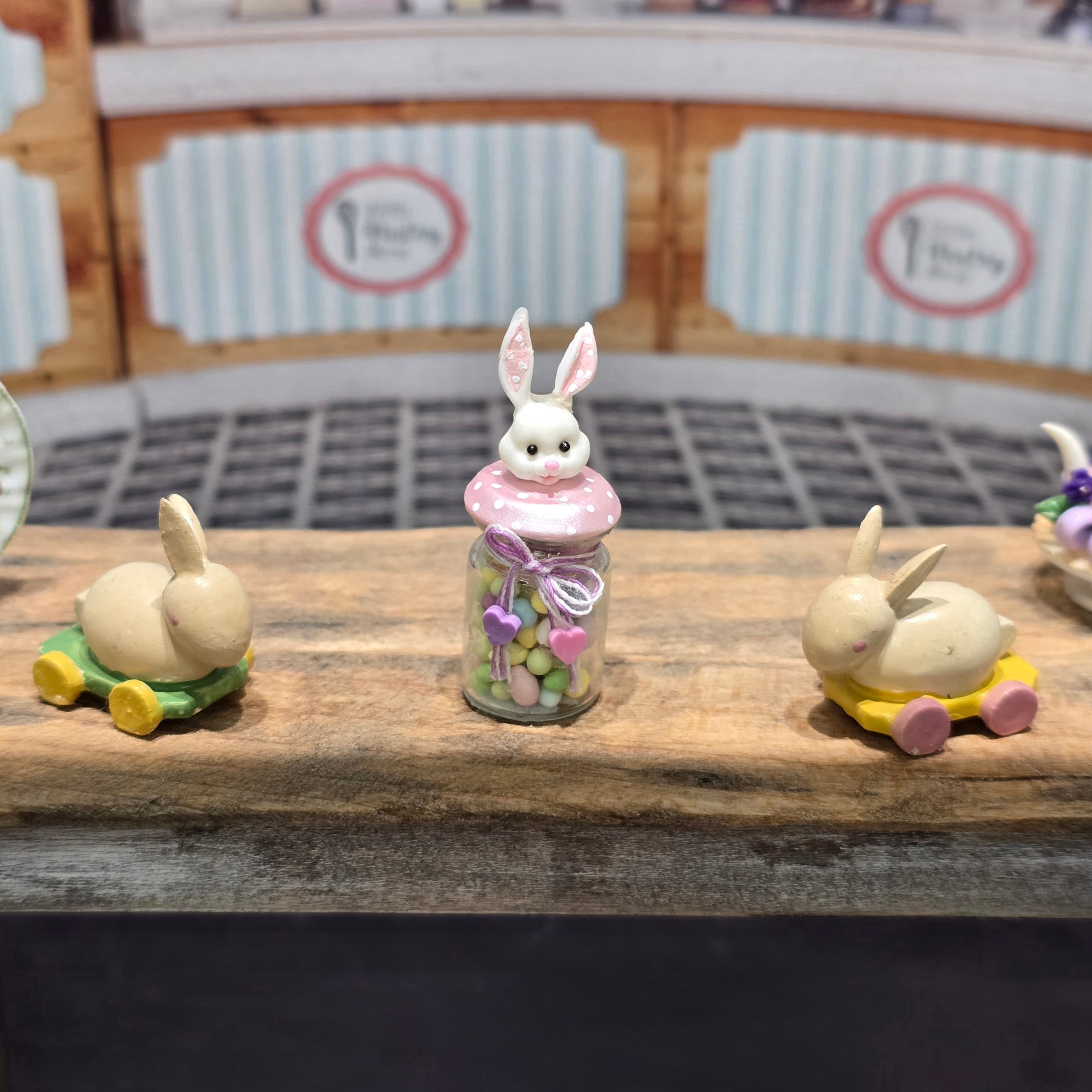 Pink Polka Dots Bunny-Topped Jelly Bean Glass Candy Shop Jar Miniature
