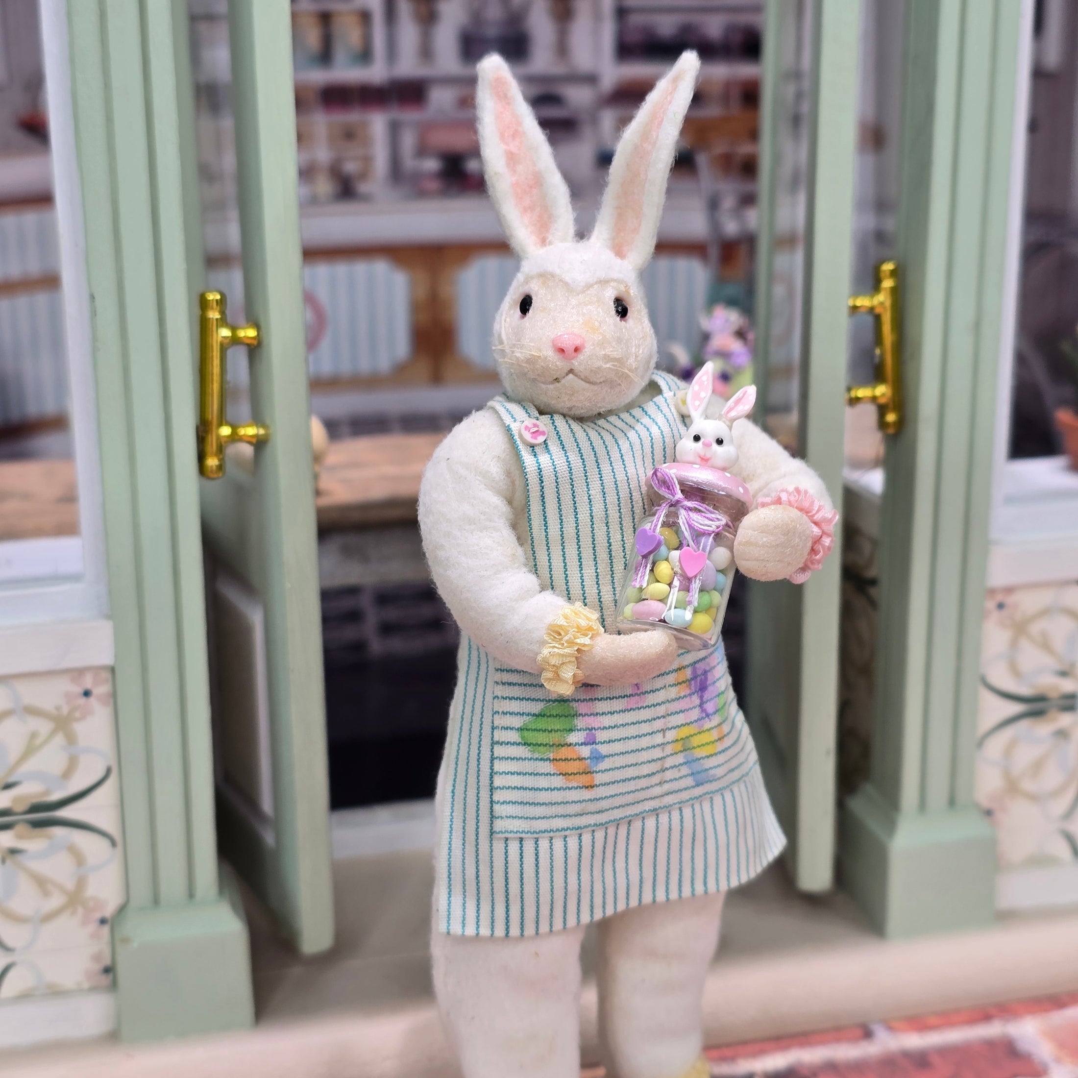 Pink Polka Dots Bunny-Topped Jelly Bean Glass Candy Shop Jar Miniature
