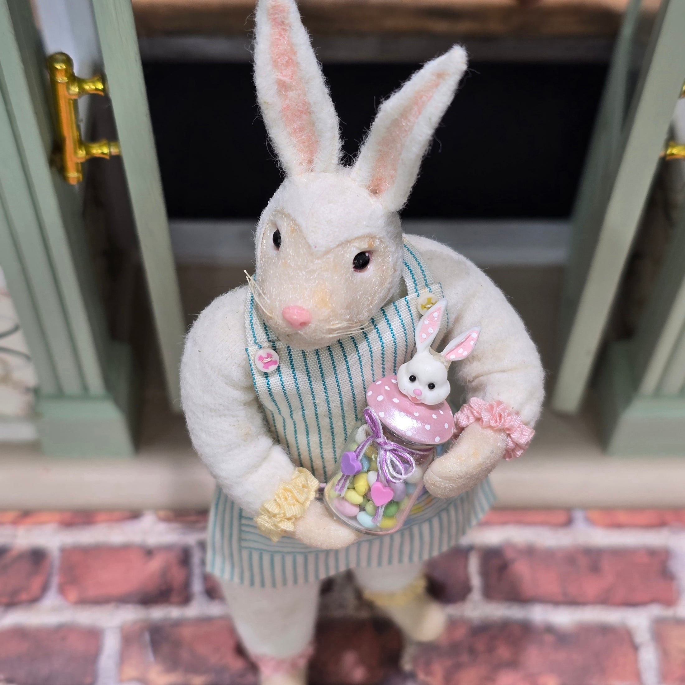 Pink Polka Dots Bunny-Topped Jelly Bean Glass Candy Shop Jar Miniature