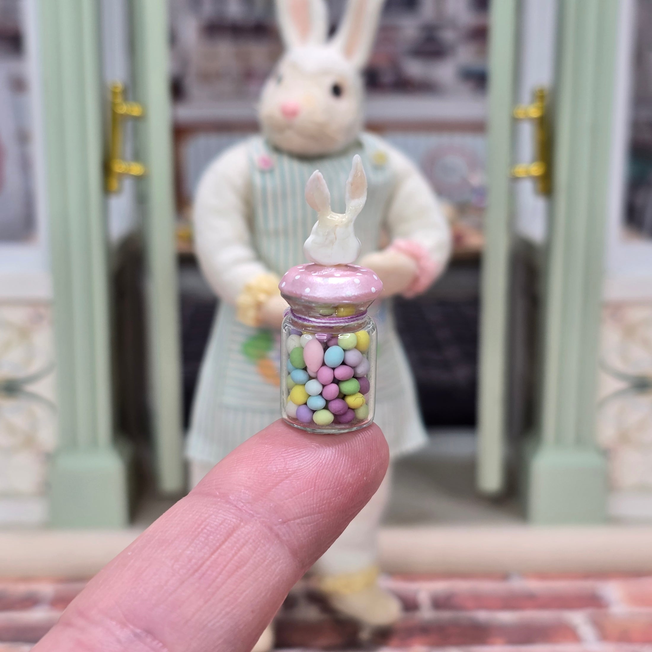 Pink Polka Dots Bunny-Topped Jelly Bean Glass Candy Shop Jar Miniature