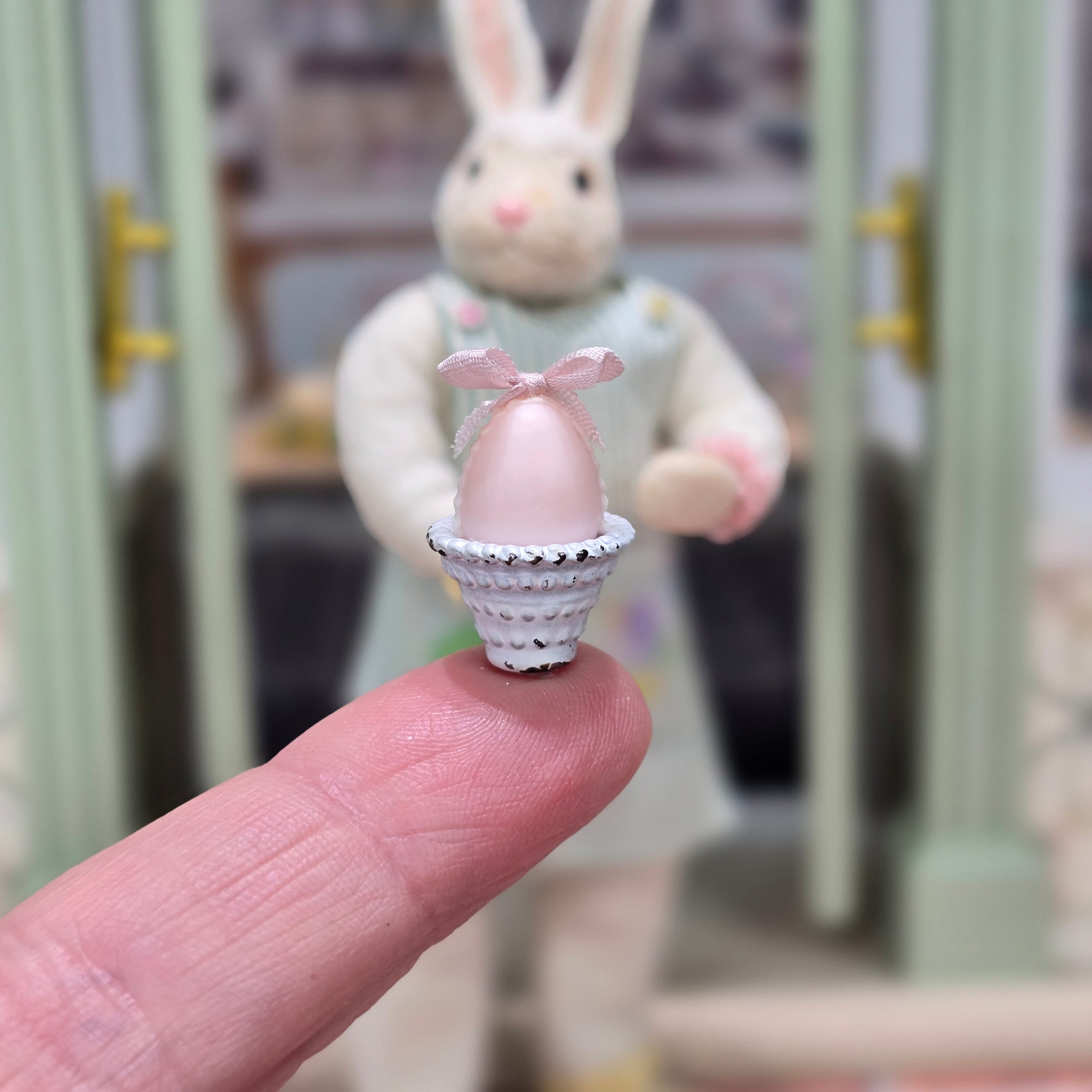 Paris Miniatures France OOAK Pink Sugar Easter Egg in Painted Metal Basket